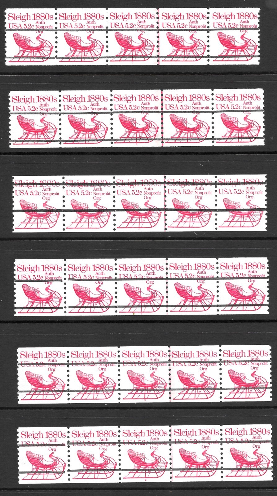 Scott# 1900a 5.2c Sleigh Prec. PNC5s, Complete Pl. #1-6, VF+ QUALITY Cat-$27.50