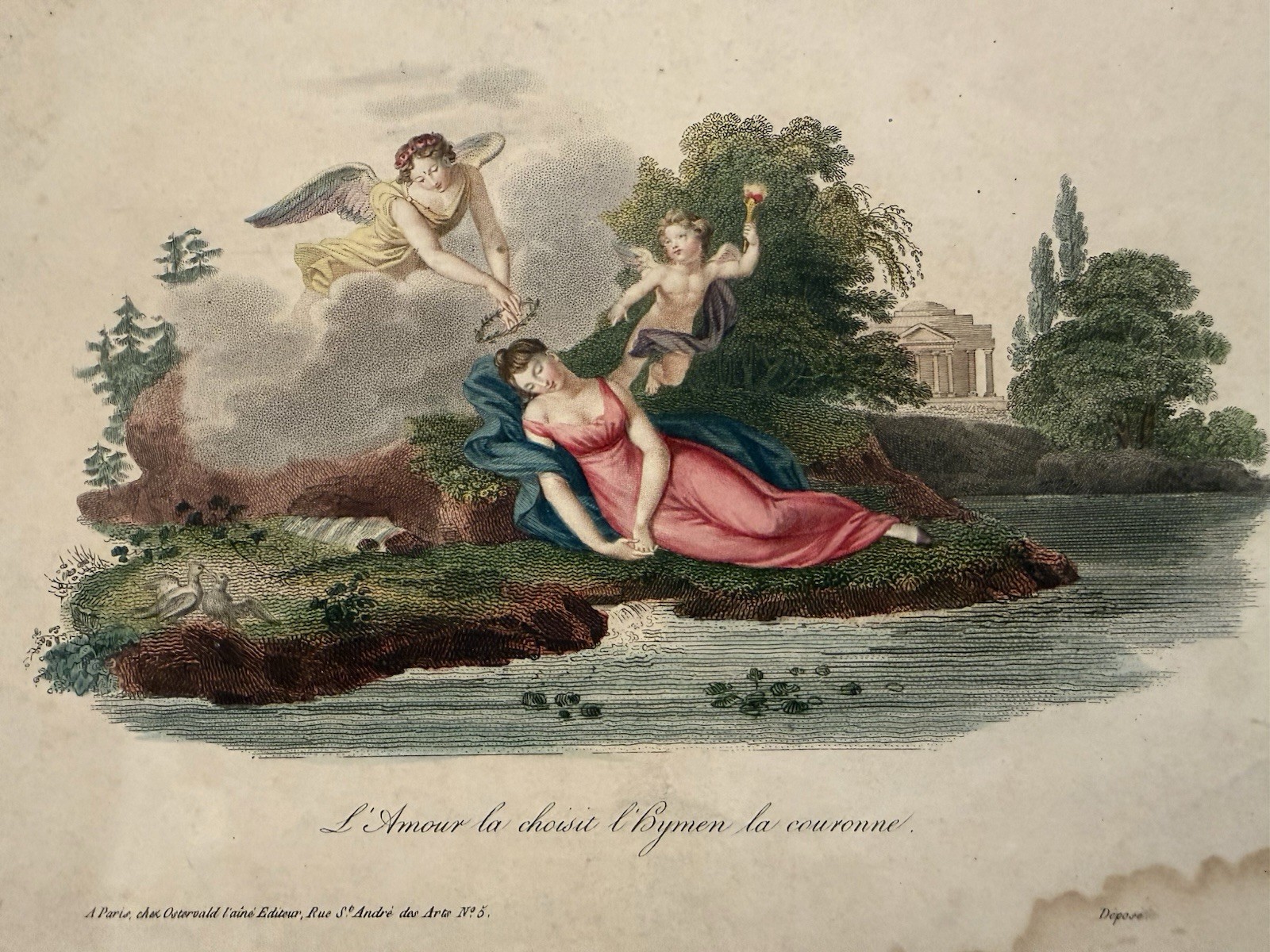 Antique c1820 French Color Engraving Ostervald Cupid Hymen Love Marriage