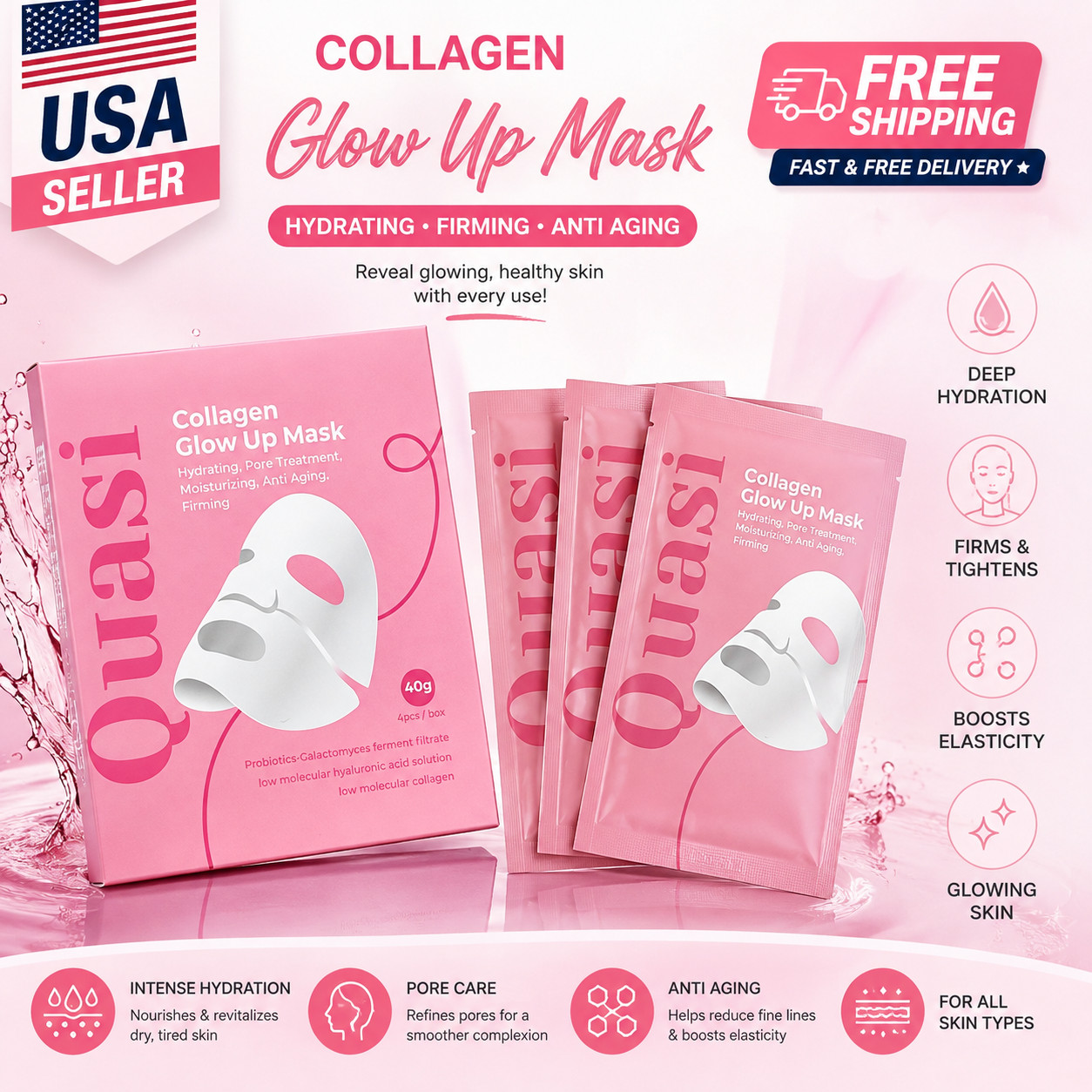 Quasi Salmon PDRN Collagen Face Mask 4Pack Korean Hydrating Gel Mask Cream serum