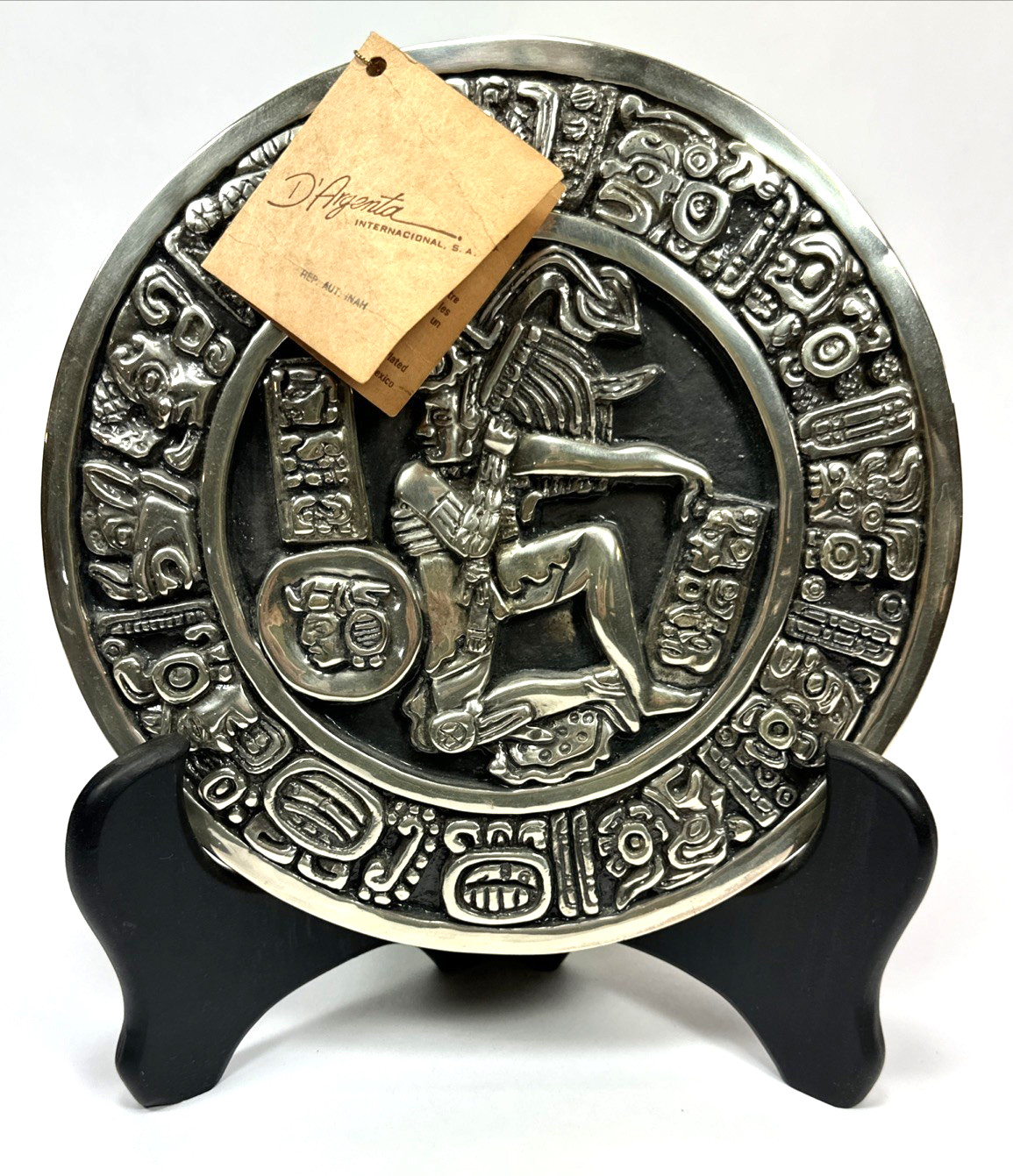 Vtg Mayan Aztec Ball Player Ulama Game Silver Plated Terra Cotta Disk Zodiac