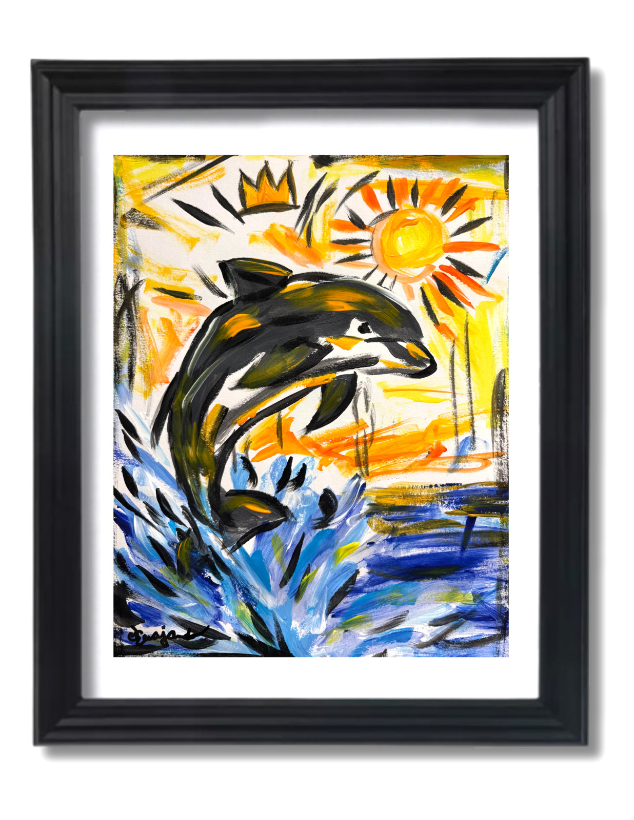 Guajardo Art Original 14x11 Neo Expressionism Jumping Dolphin Sun Painting