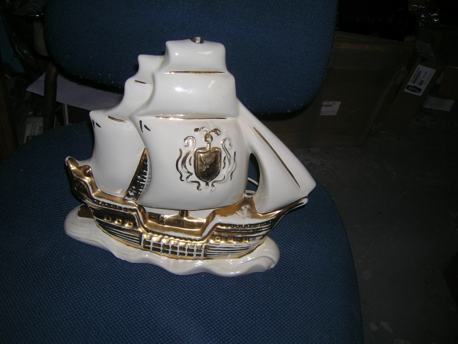 Vintage 50s TV Lamp Sailing Ship White w/ Gold Trim by Lampcrafts