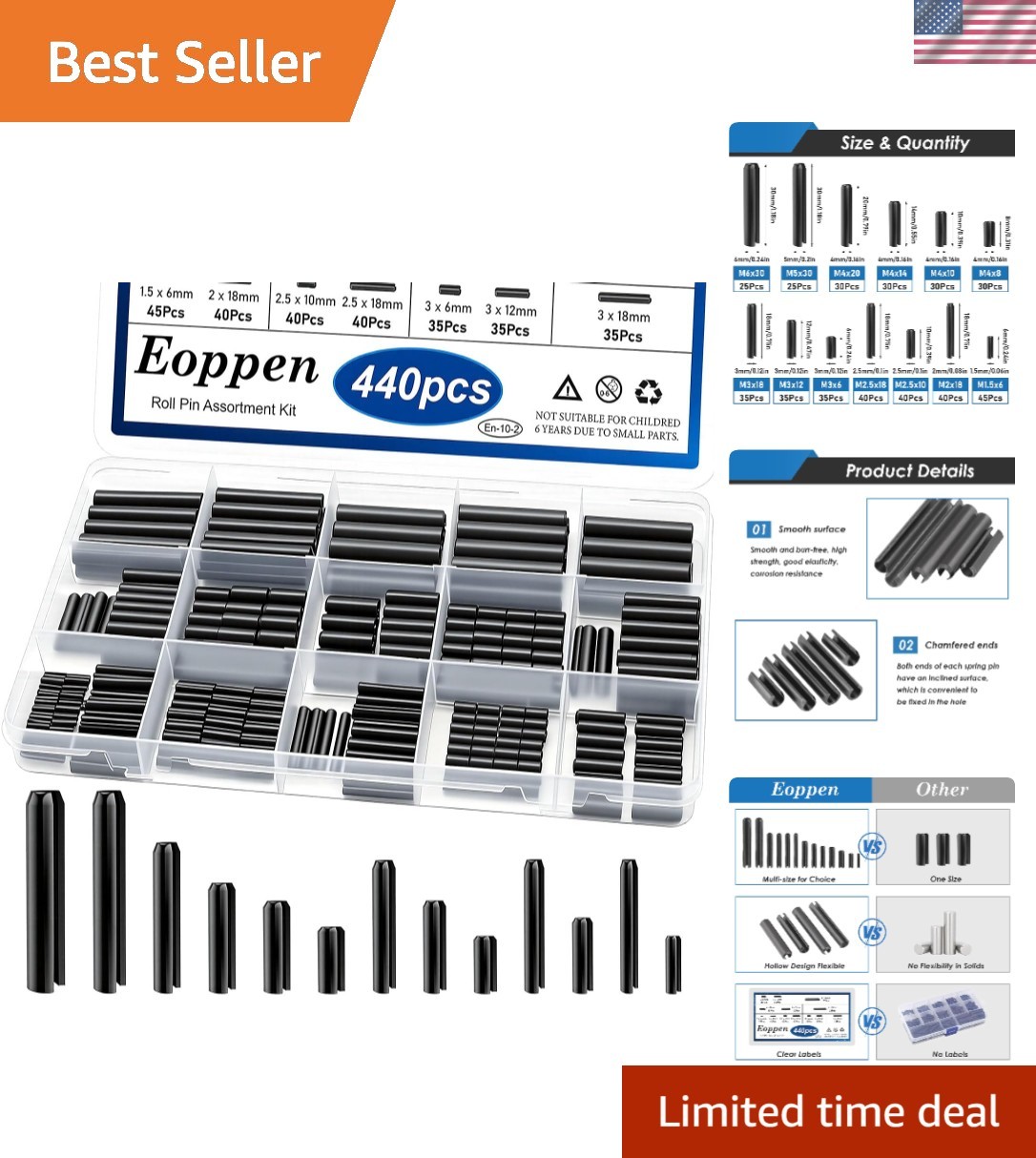 440Pcs Roll Pin Assortment Kit - Slotted Spring Pins Steel Split Expansion Pi... 440Pcs Roll Pin Assortment Kit - Slotted Spring Pins Steel Split Expansion Pi...