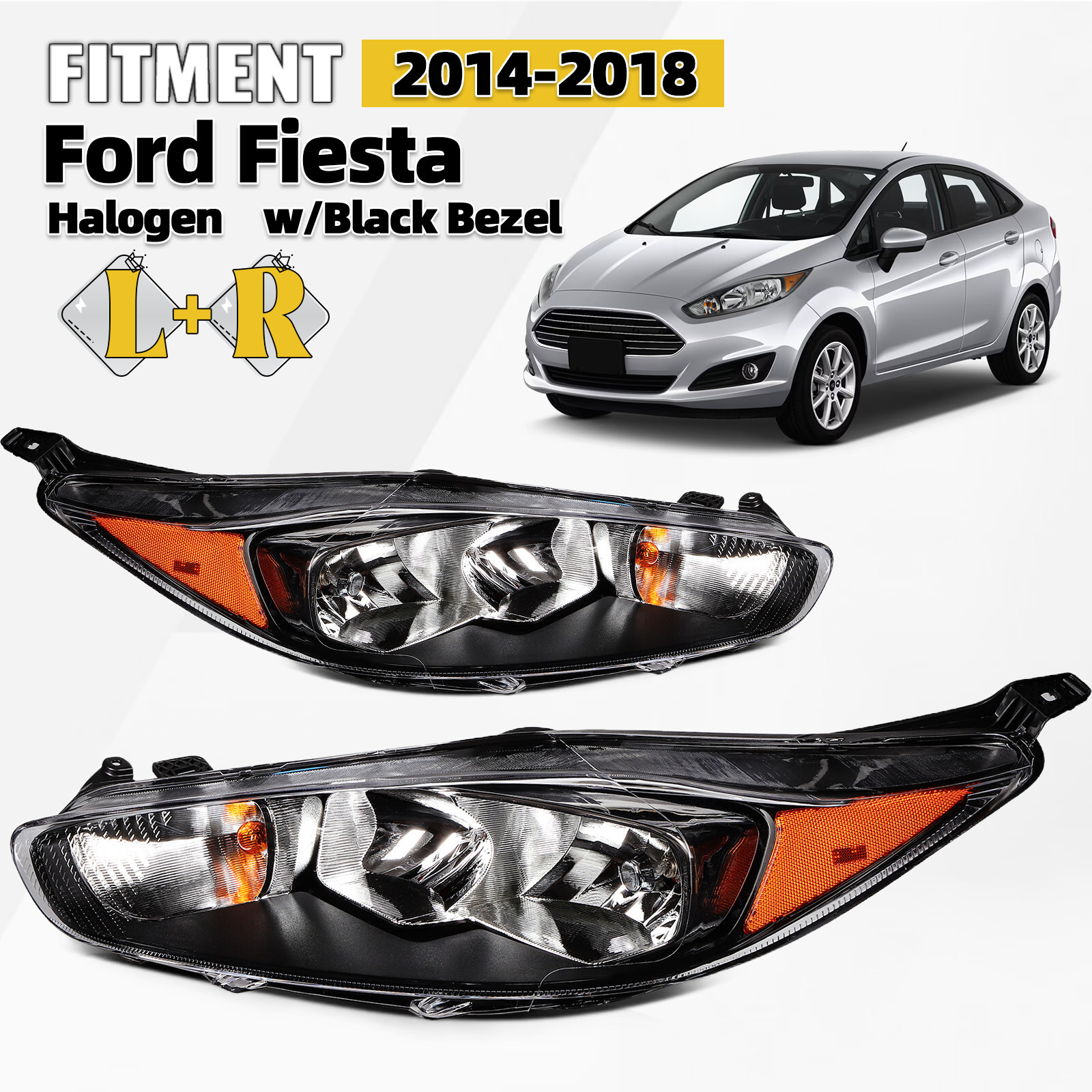 For 2014-2018 Ford Fiesta Halogen Headlight Black Housing w/Bulb Left+Right Pair For 2014-2018 Ford Fiesta Halogen Headlight Black Housing w/Bulb Left+Right Pair
