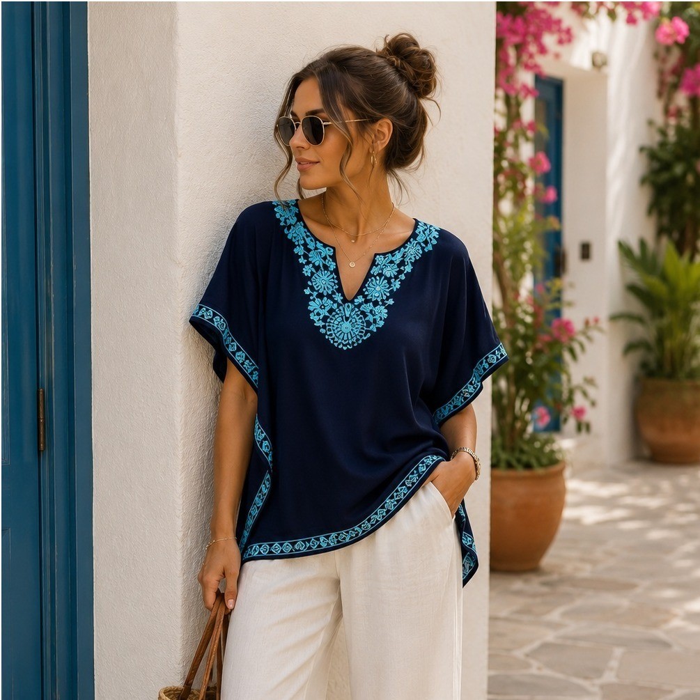 INC International Concepts Petite Navy Blue Turquoise Embroidered Kaftan Top M