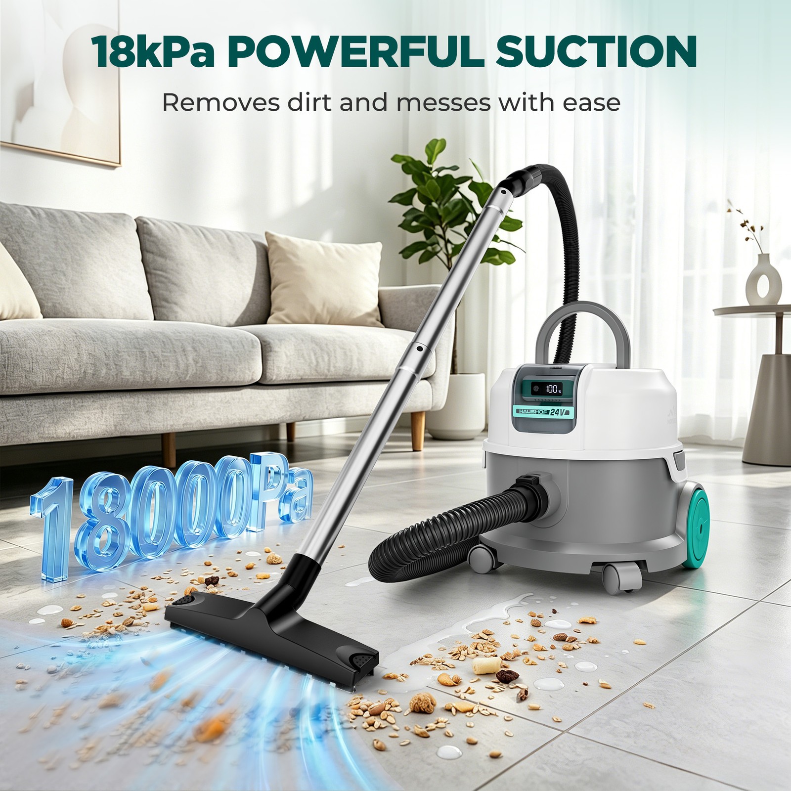 HAUSHOF 2.5 Gallon Cordless Wet Dry Vacuum Cleaner 18KPa Powerful Suction 24V