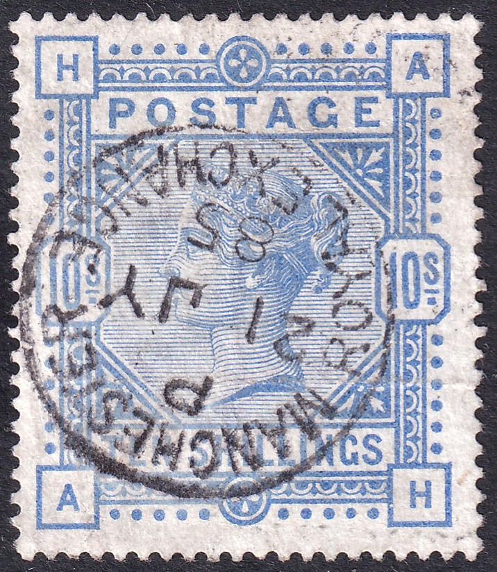 1883/4 SG183 10/- ULTRAMARINE WMK LARGE ANCHOR MANCHESTER CDS (AH)