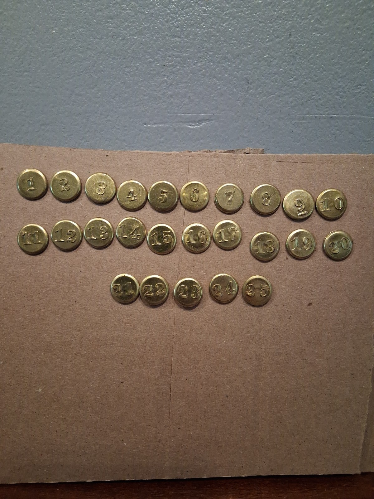 Vintage Brass Raised Number Tacks  #1-25 Window Sash Markers Thumb Tacks