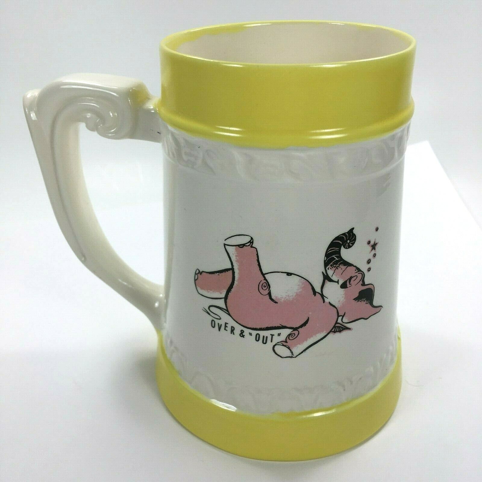 Vintage Yellow Rim White Ceramic Pink Elephant Bottoms Up Mug 1963 Mid-Century Vintage Yellow Rim White Ceramic Pink Elephant Bottoms Up Mug 1963 Mid-Century