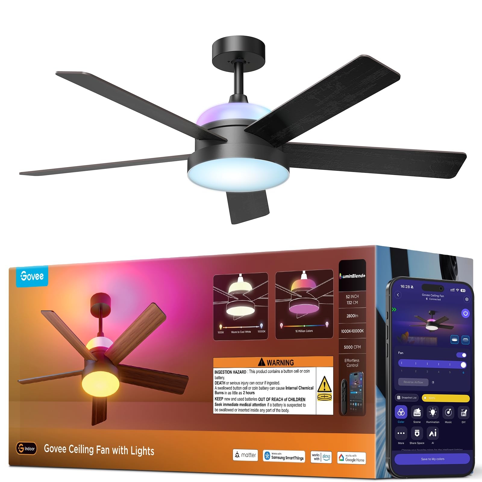 Govee 52\'\' Smart Ceiling Fan w/ RGBIC Lights Remote Black Flush Mount 5000 CFM Govee 52\'\' Smart Ceiling Fan w/ RGBIC Lights Remote Black Flush Mount 5000 CFM
