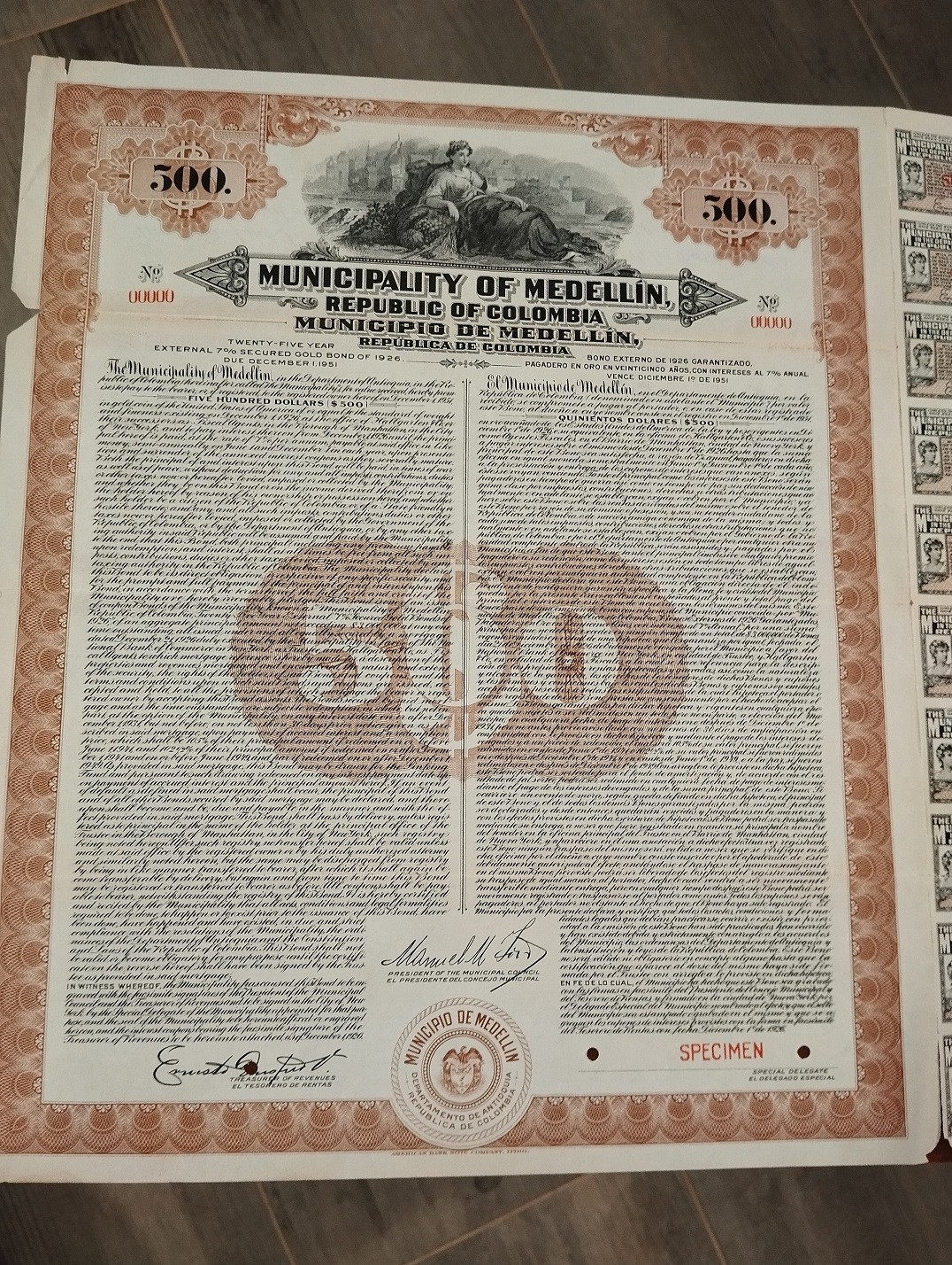 Colombia 1926 Republic $ 500 Medellin Dollars Gold SPECIMEN Bond Loan Share Coup Colombia 1926 Republic $ 500 Medellin Dollars Gold SPECIMEN Bond Loan Share Coup