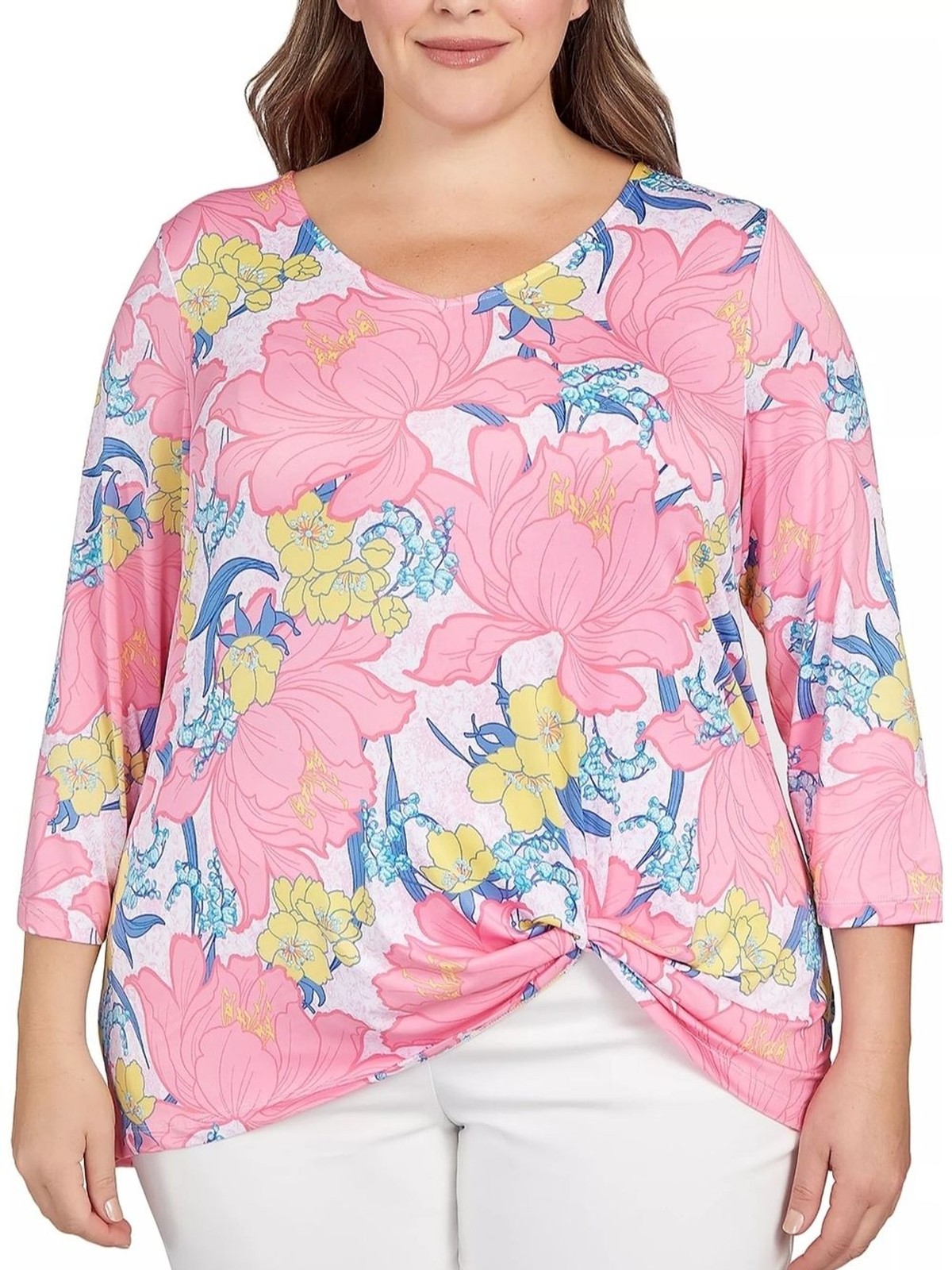 Ruby Rd. Pink Floral Twist-Knot Tunic with Yellow & Blue Accents Size 3X