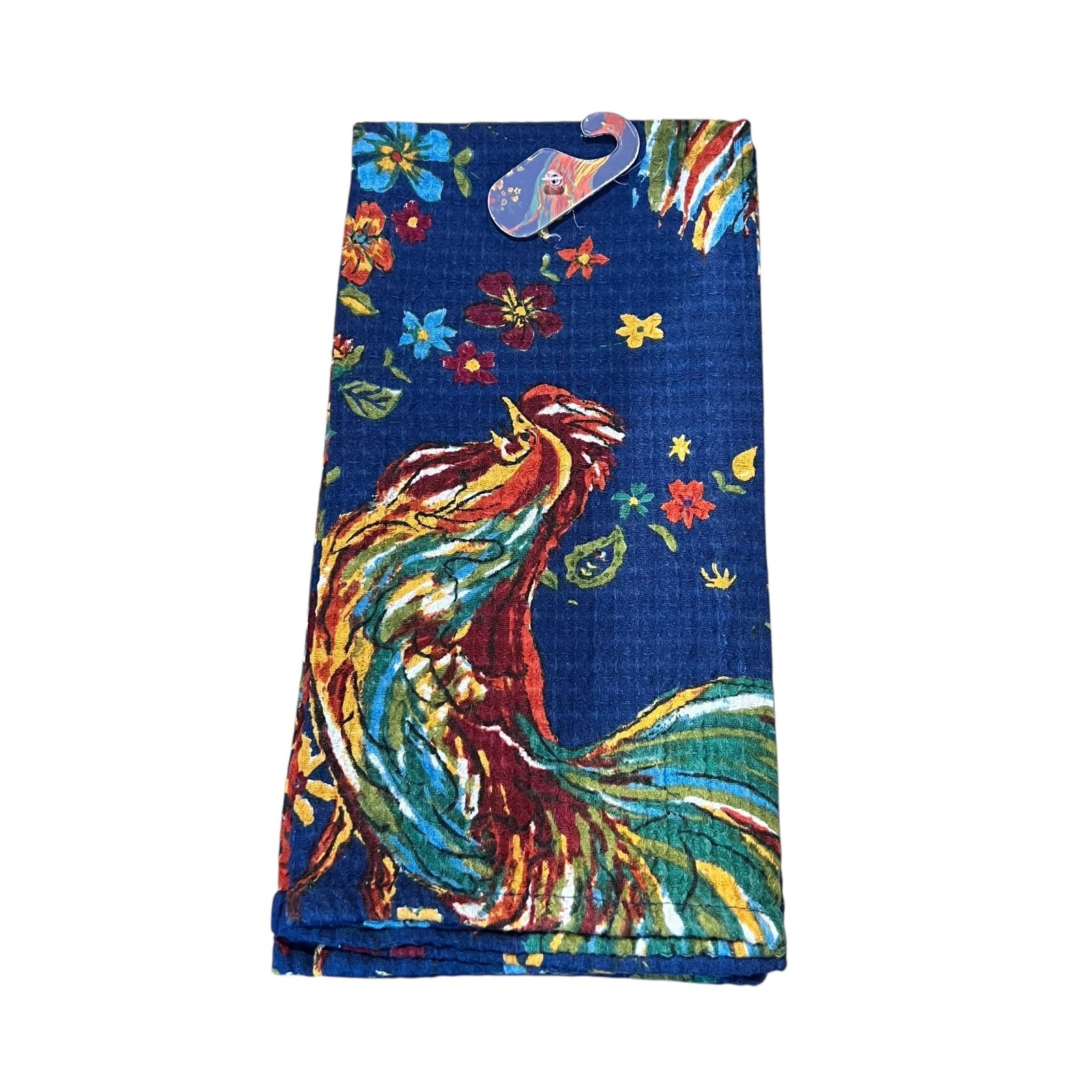 April Cornell Ecru Rooster Design Tea Towel Set of 2 Navy, Rust, Green, Gold NEW