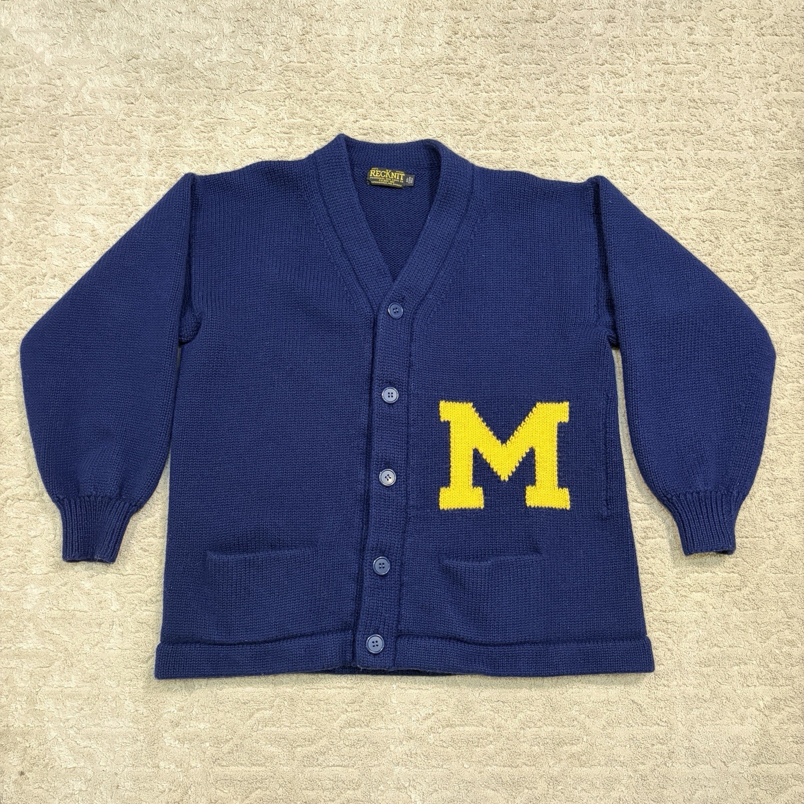 1950s 1960s University of Michigan RecKnit Wool Cardigan Navy True Vintage