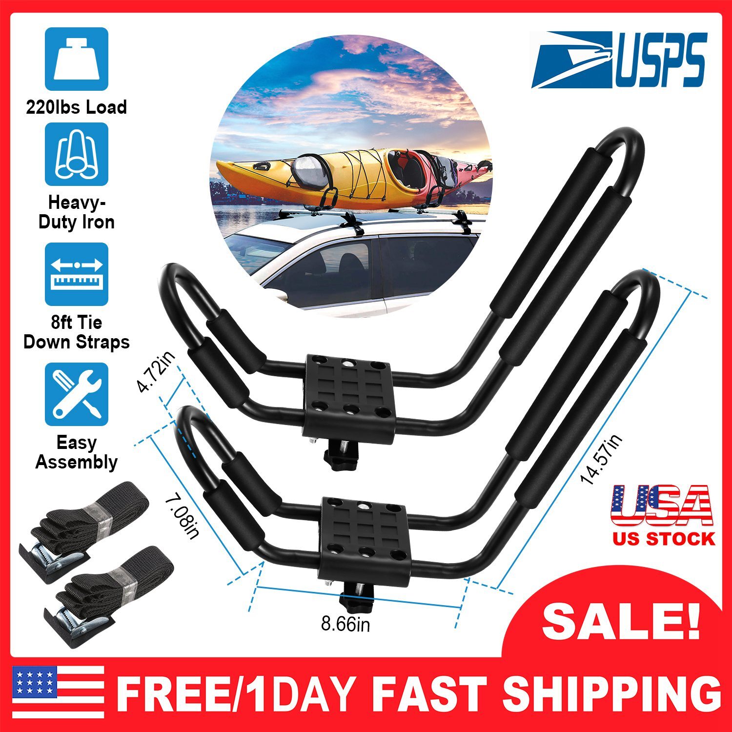 2PCS Canoe Boat Kayak Roof Rack Car SUV Truck Top Carrier Cross J-Bar Roof Mount 2PCS Canoe Boat Kayak Roof Rack Car SUV Truck Top Carrier Cross J-Bar Roof Mount
