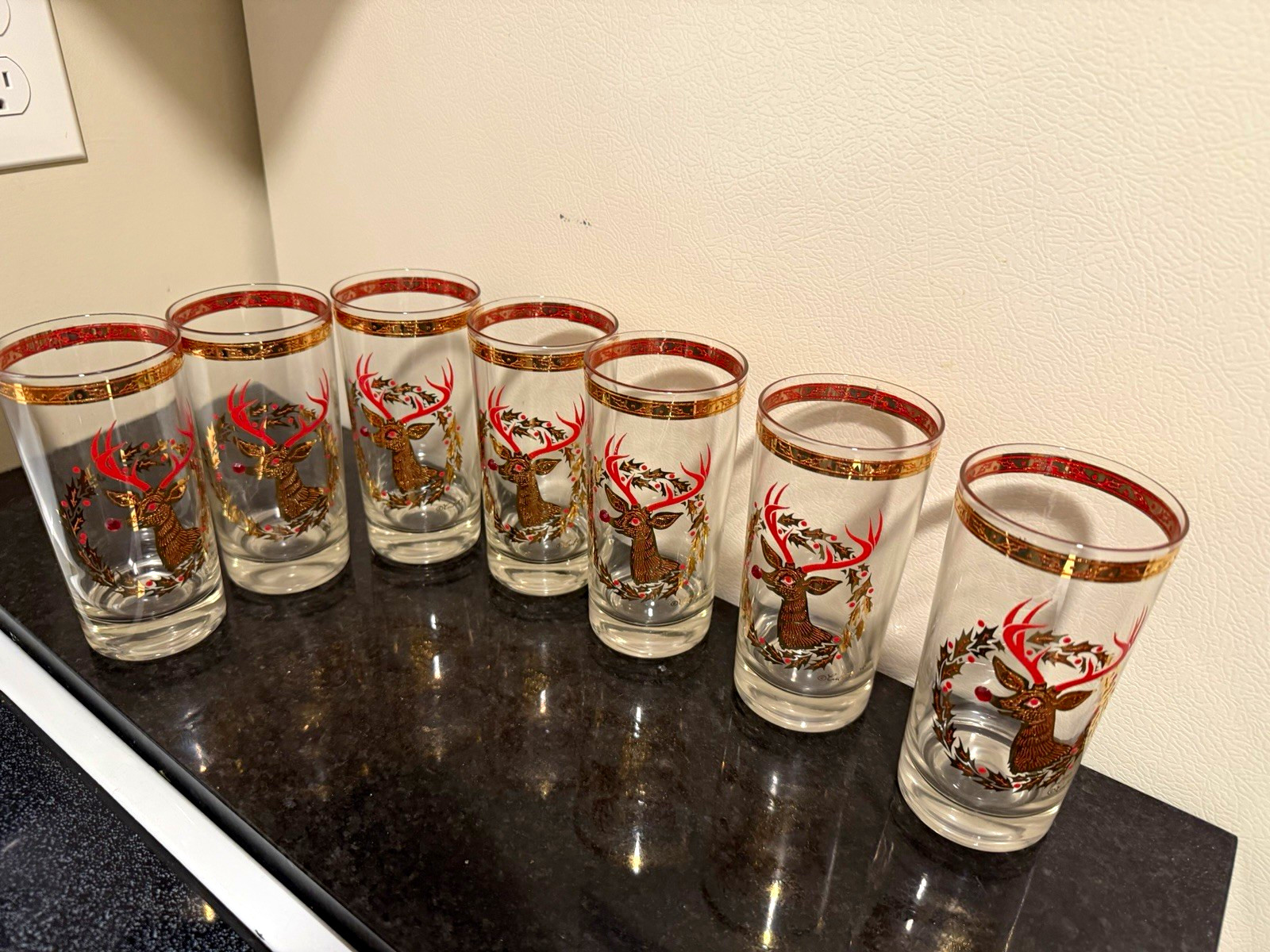 Rare Vintage Culver MCM 22k Gold Rudolph red nose reindeer Jeweled Set Of 7