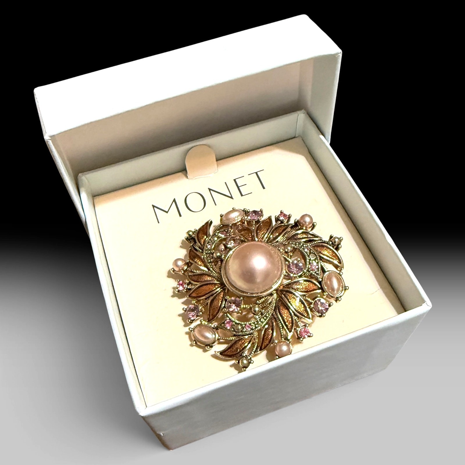 Vintage Monet Floral Brooch with Pink Pearls & Rhinestones in Original Blue Box