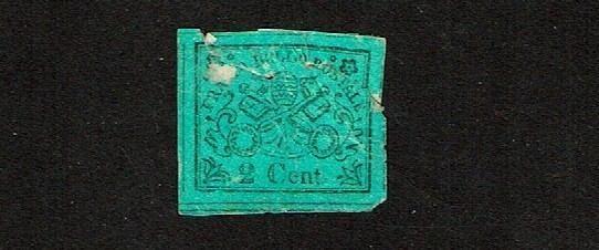 1867 ROMAN STATES ITALY 2b Blk on Green GLAZED IMPERF Sc#12 Tear Scarce