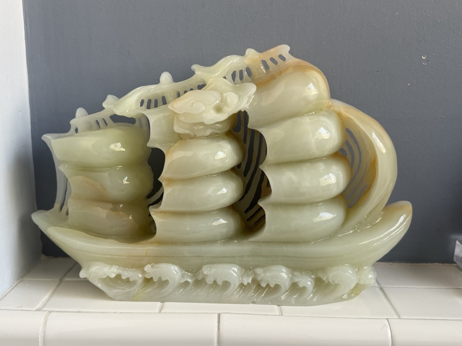20lb Vintage Chinese Boat Carving Jade Nephrite 20lb Vintage Chinese Boat Carving Jade Nephrite