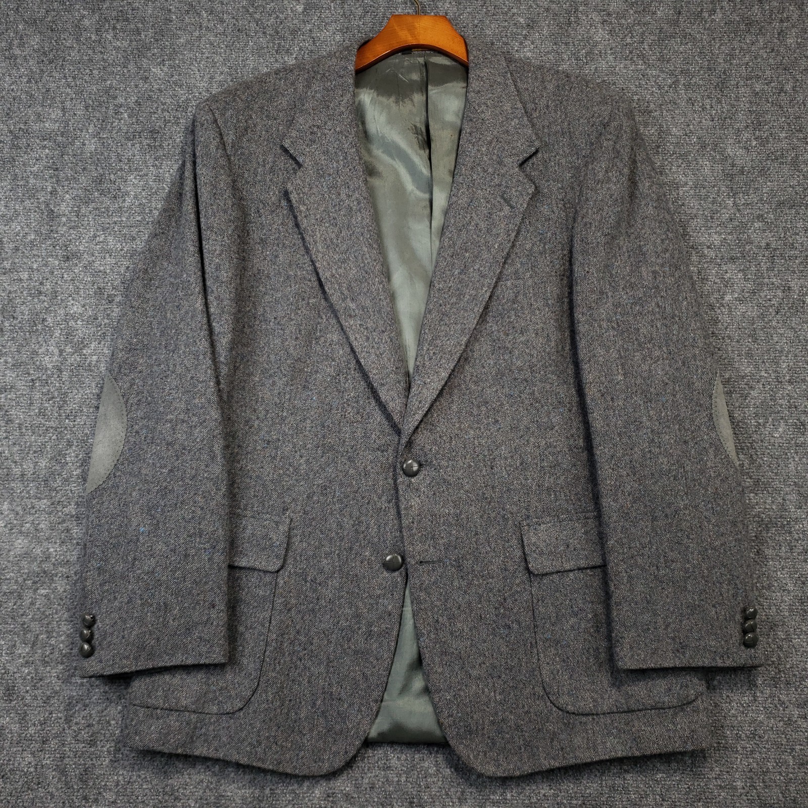 Farah Vintage Tweed Blazer Mens 44L Wool Gray Speckled Elbow Patches Two Button