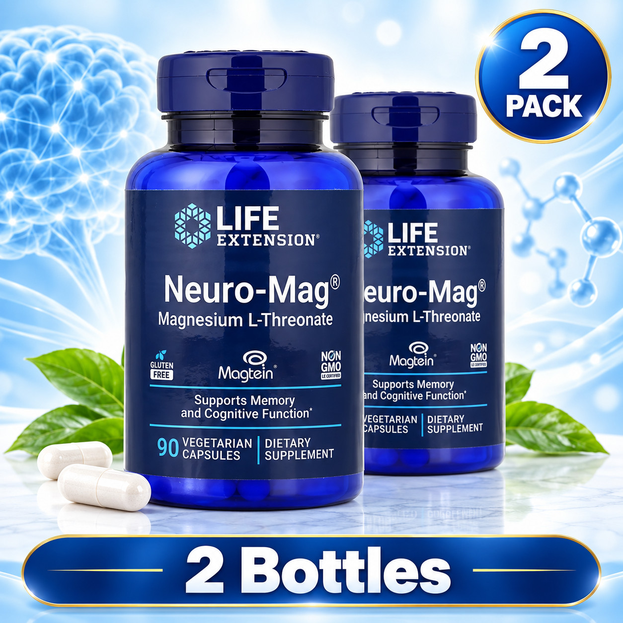 2 Pack Life Extension Neuro-Mag Magnesium L-Threonate 48mg 90 Veg Caps 2 Pack Life Extension Neuro-Mag Magnesium L-Threonate 48mg 90 Veg Caps