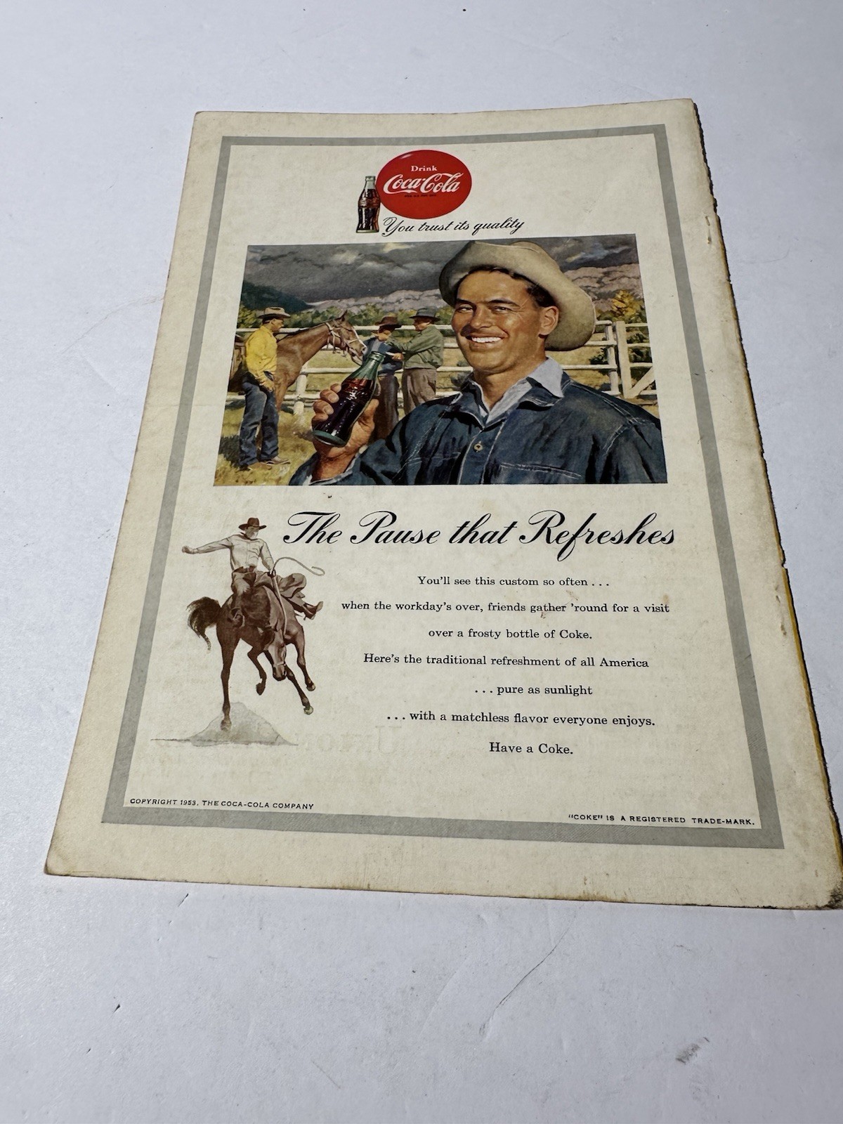 1953 Coca-Cola Ad National Geographic Back Cover Cowboy Ranch Scene VTG Soda
