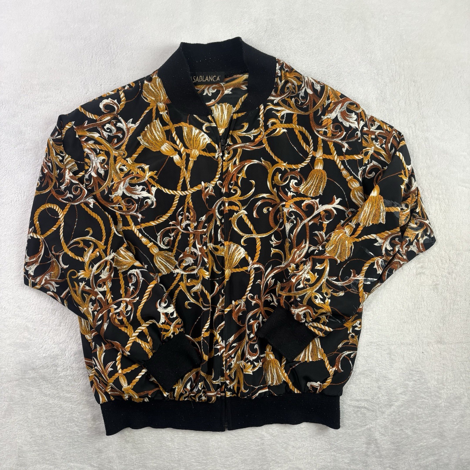 VTG Casablanca Full Zip Long Sleeve Black Gold Jackets Baroque Print Women\'s XL VTG Casablanca Full Zip Long Sleeve Black Gold Jackets Baroque Print Women\'s XL