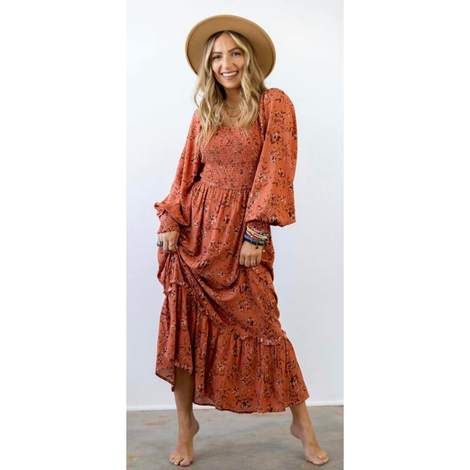 Promesa Rust Floral Long Sleeve Smocked Maxi Dress