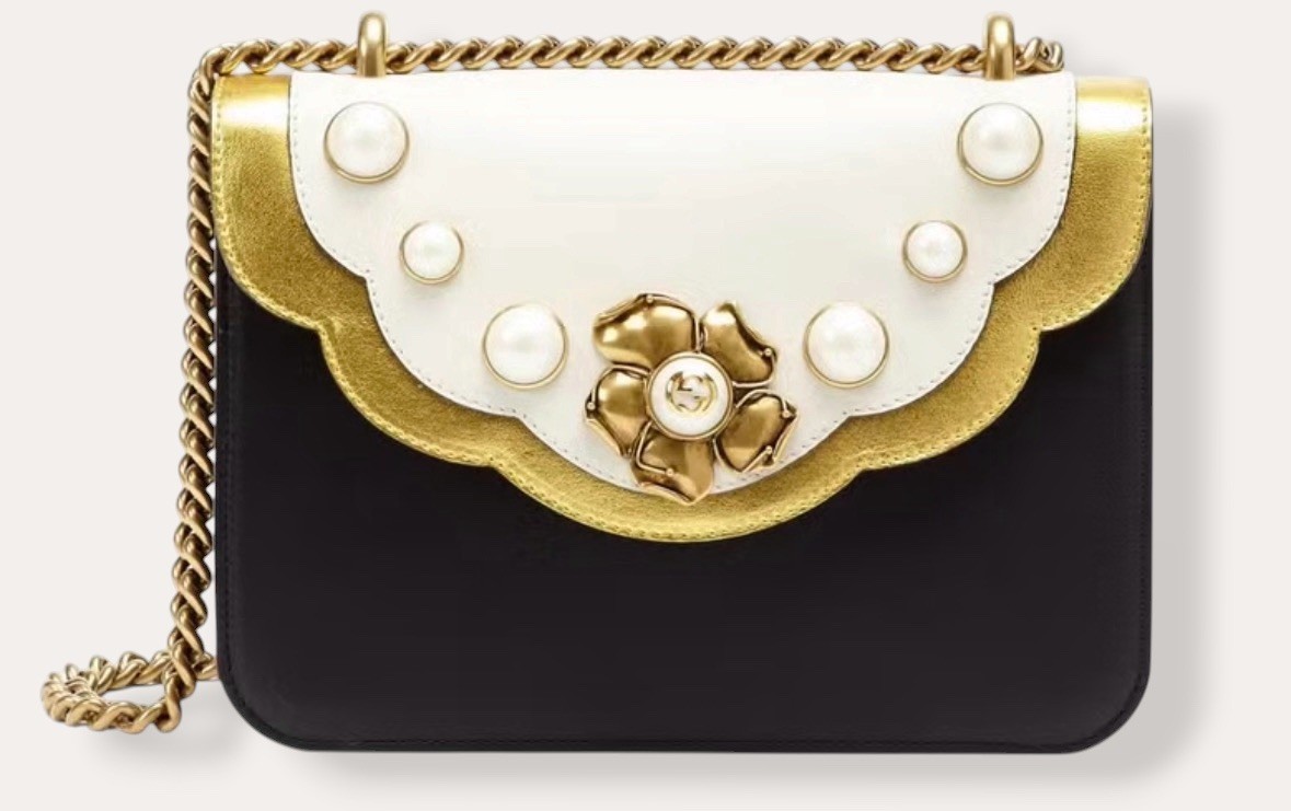 GUCCI Pearly Peony Chain Shoulder Bag Black Ivory Gold Pearl 432282 Crossbody