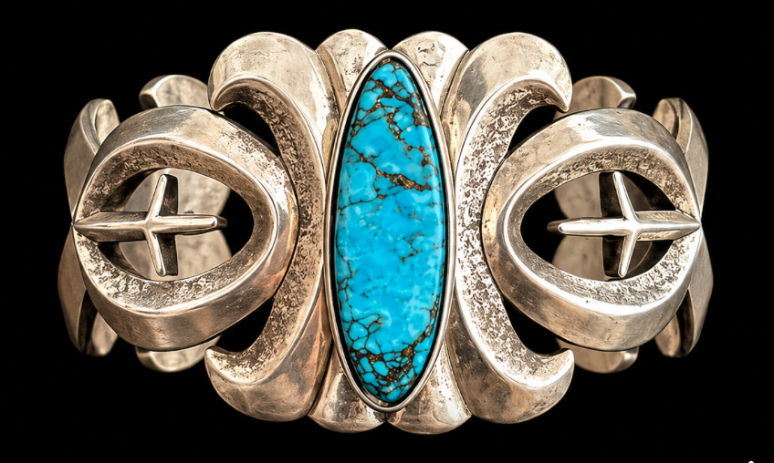 Sterling Silver Turquoise Southwestern Cross Cuff Bracelet – Signed D