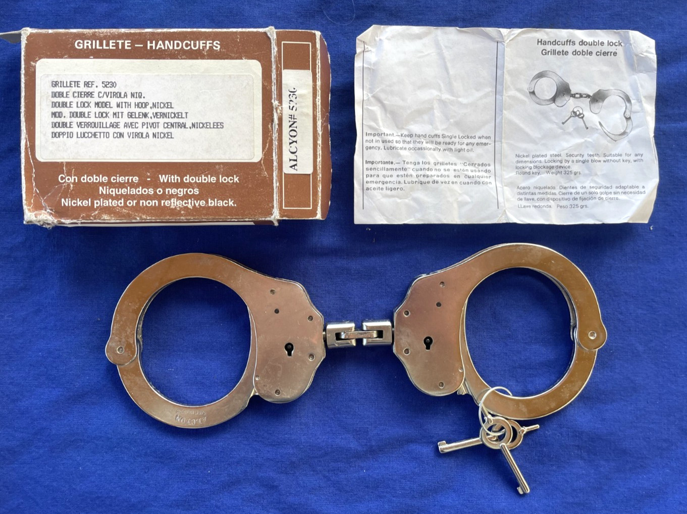 Vintage ALCYON DOUBLE LOCK NICKLE POLICE HANDCUFFS, 2 KEYS ORIGINAL BOX & PAPER