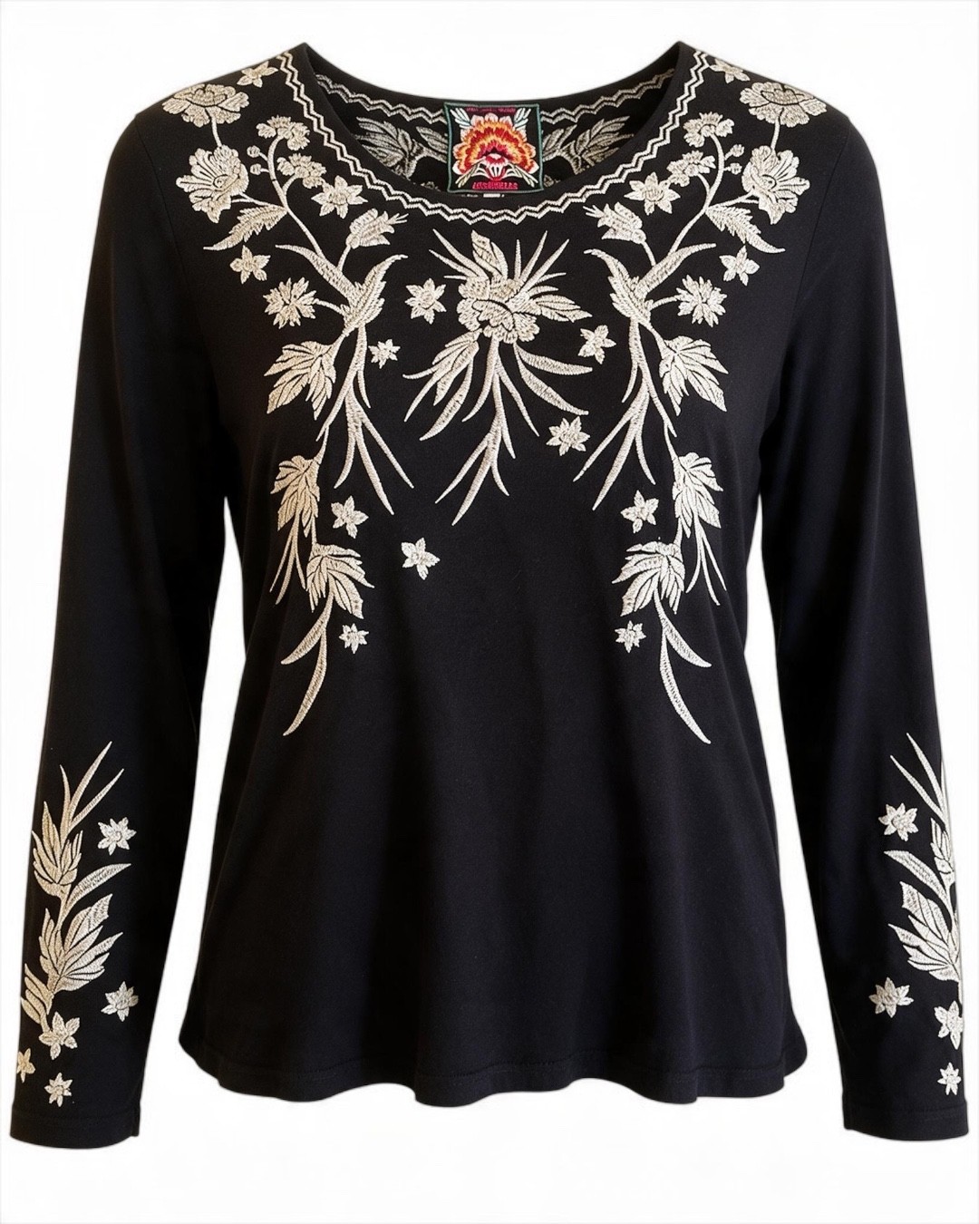 Johnny Was Talithia Black Embroidered Blouse Top Long Sleeve Boho Crew Large