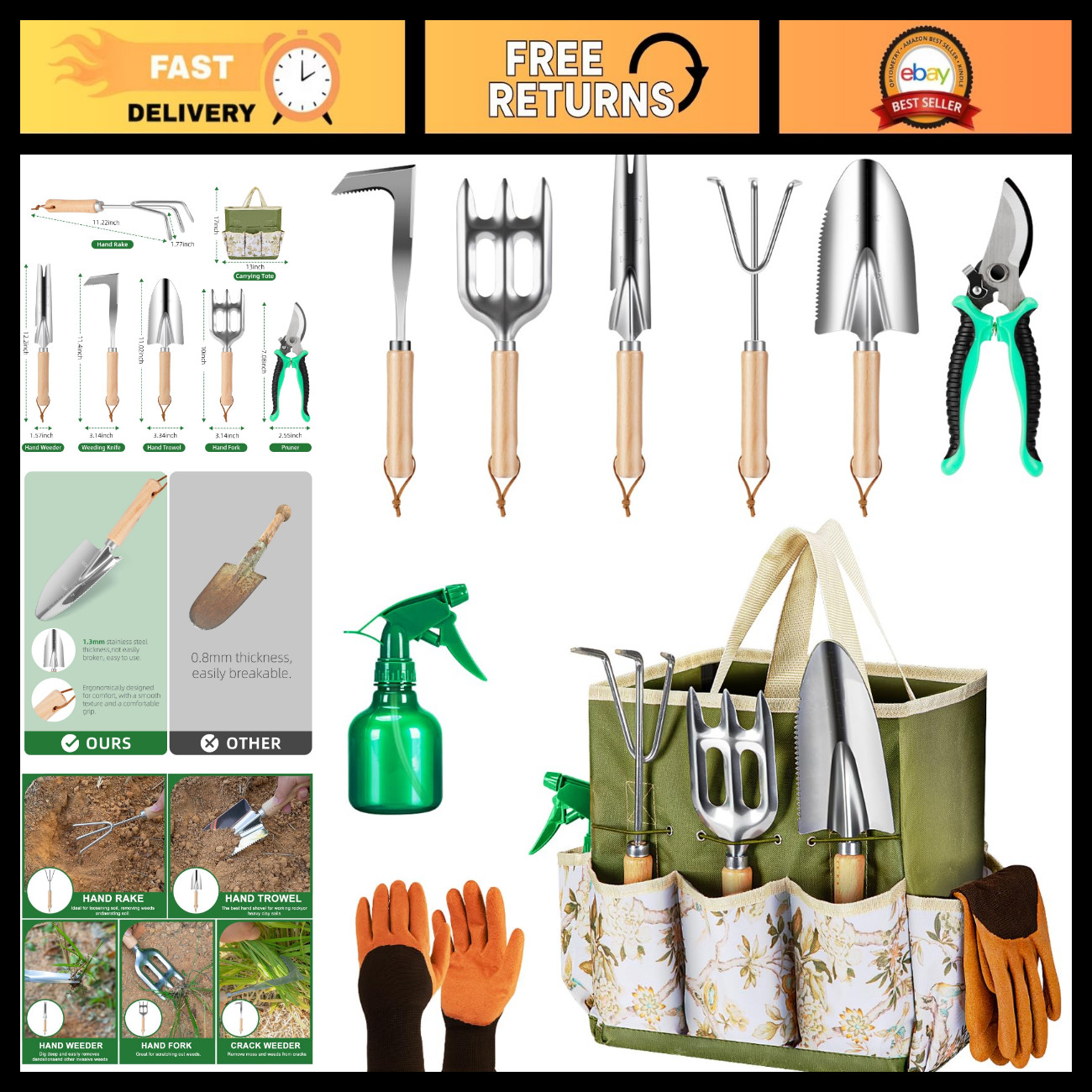 9-Piece Heavy Duty Gardening Tool Set - Stainless Steel Rust-Proof Tools & Tote