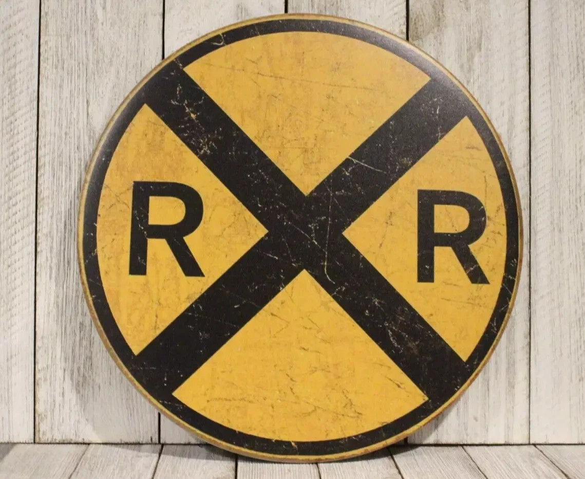 Railroad Tin Sign Train Rail Crossing Warning Metal Vintage Rustic Style Replica