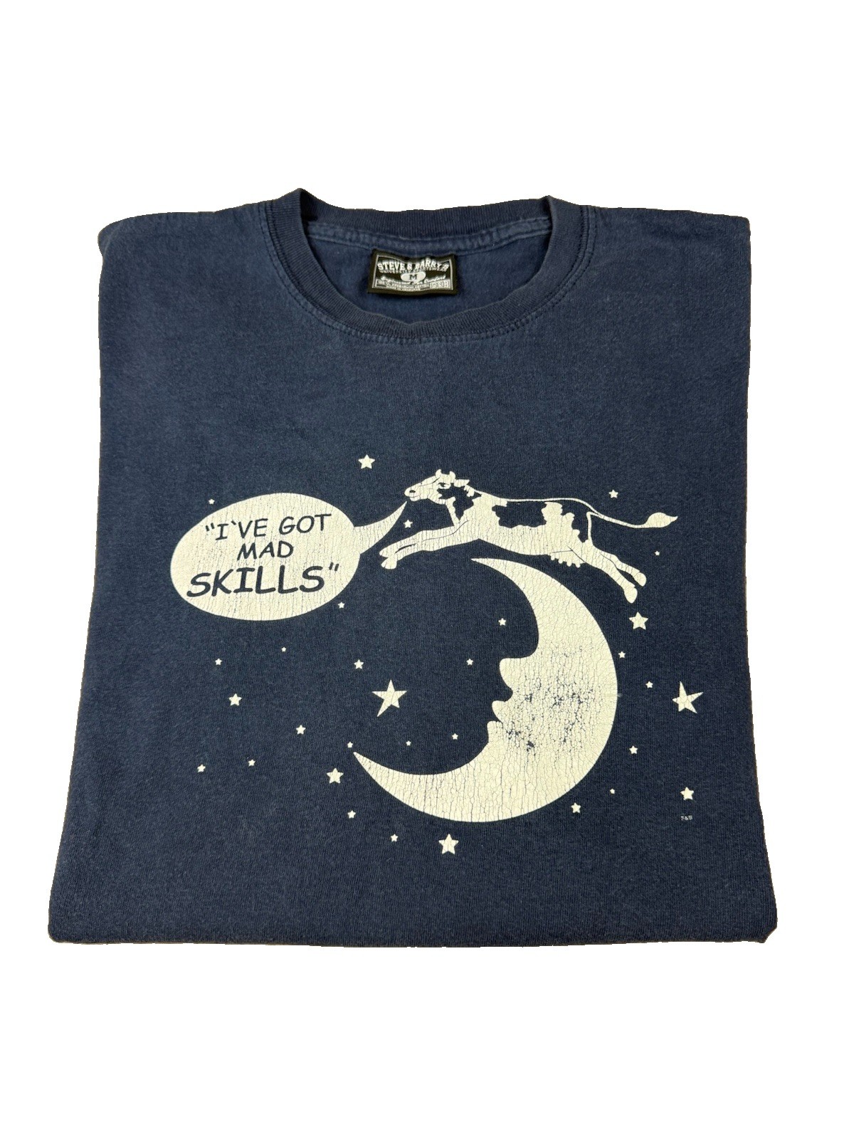 Novelty T Shirt Medium Vintage 2000s Y2K Steve & Barry’s Cow Moon Navy Blue