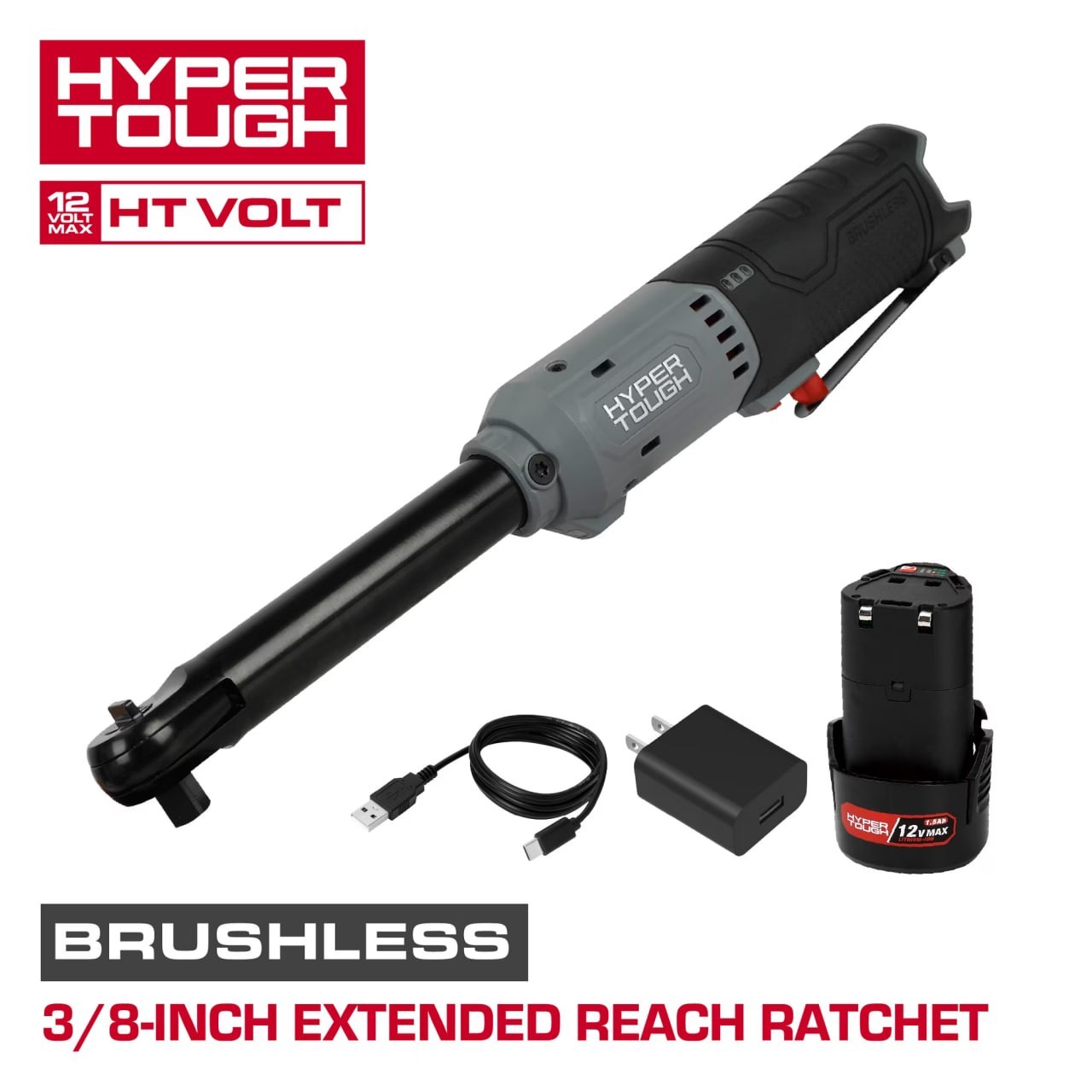Hyper Tough 12V Brushless 3/8 Cordless Ratchet Wrench with 1.5Ah Battery New