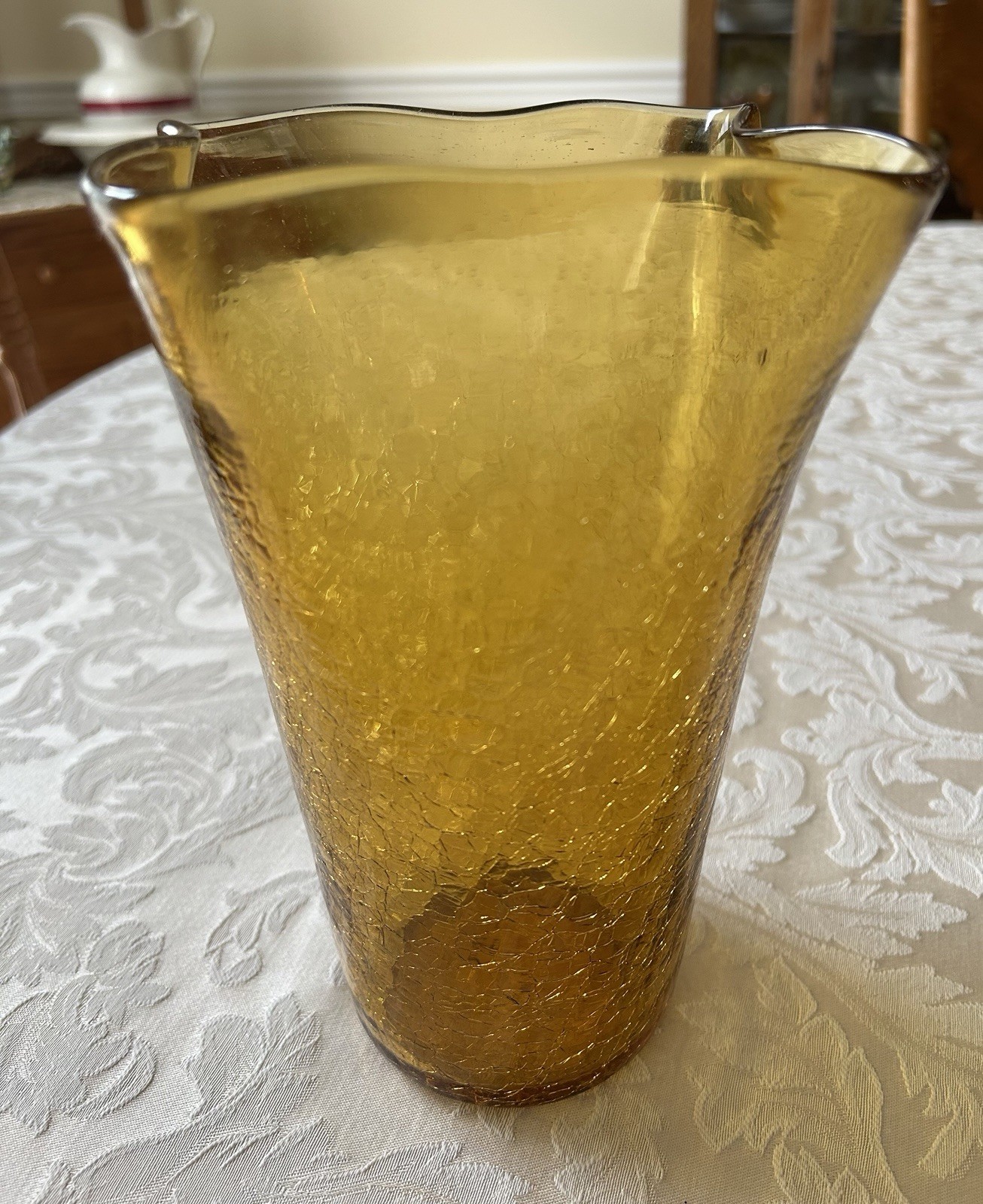 Vintage Blenko Amber Crackle Glass Vase C404S? Ruffled Handkerchief 9” H x 6” W