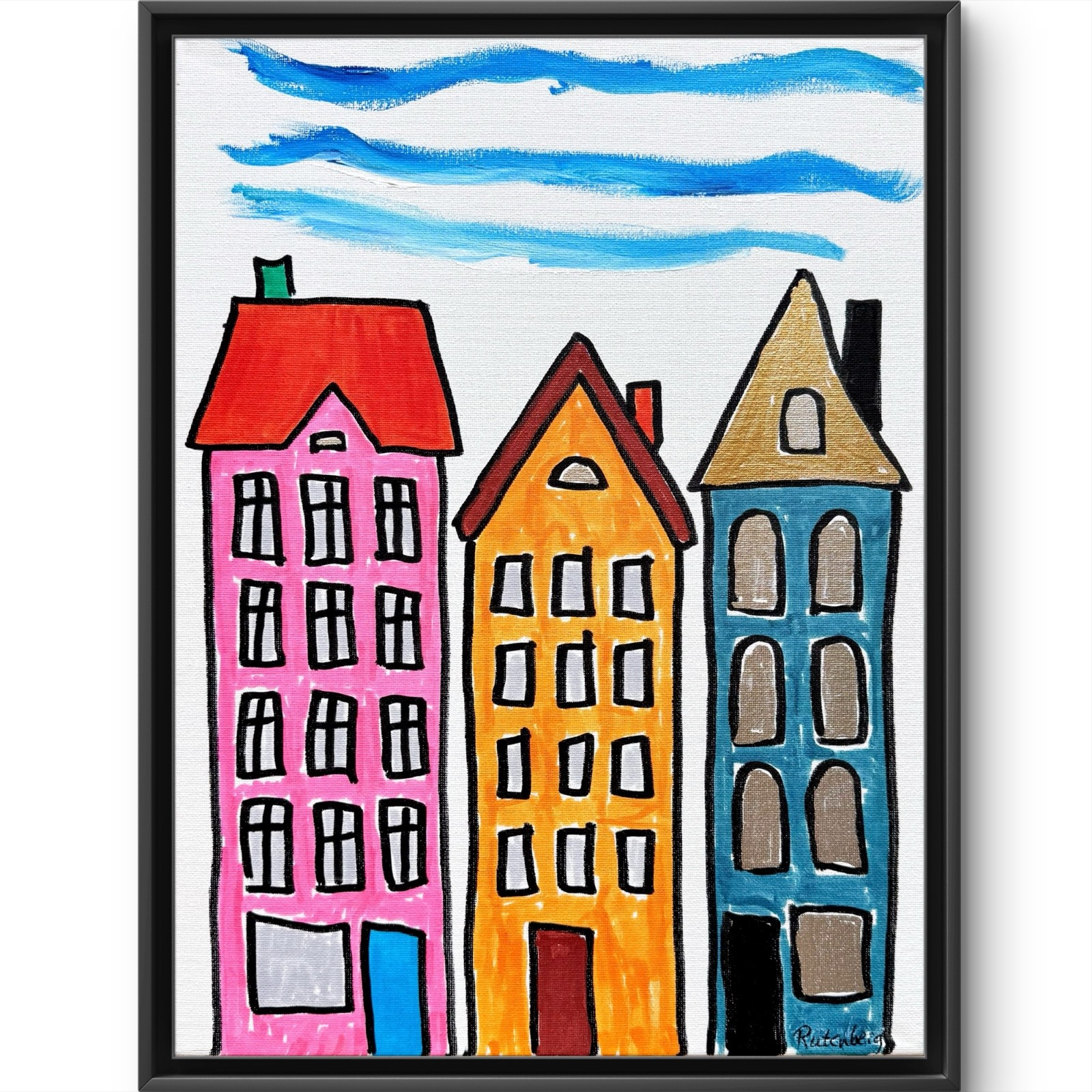 Rutenberg Original 12x16 Folk Colorful City Buildings Painting Signed Canvas 141