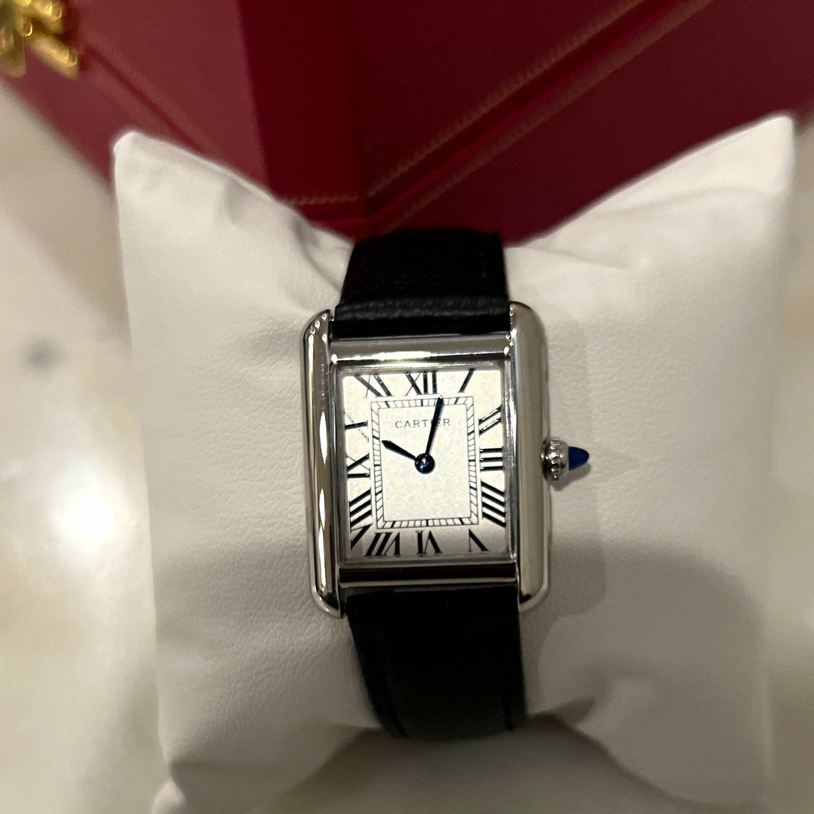 Cartier Tank Quartz 24MM Silver Dial Roman Numerals Black Leather Strap w/ Box