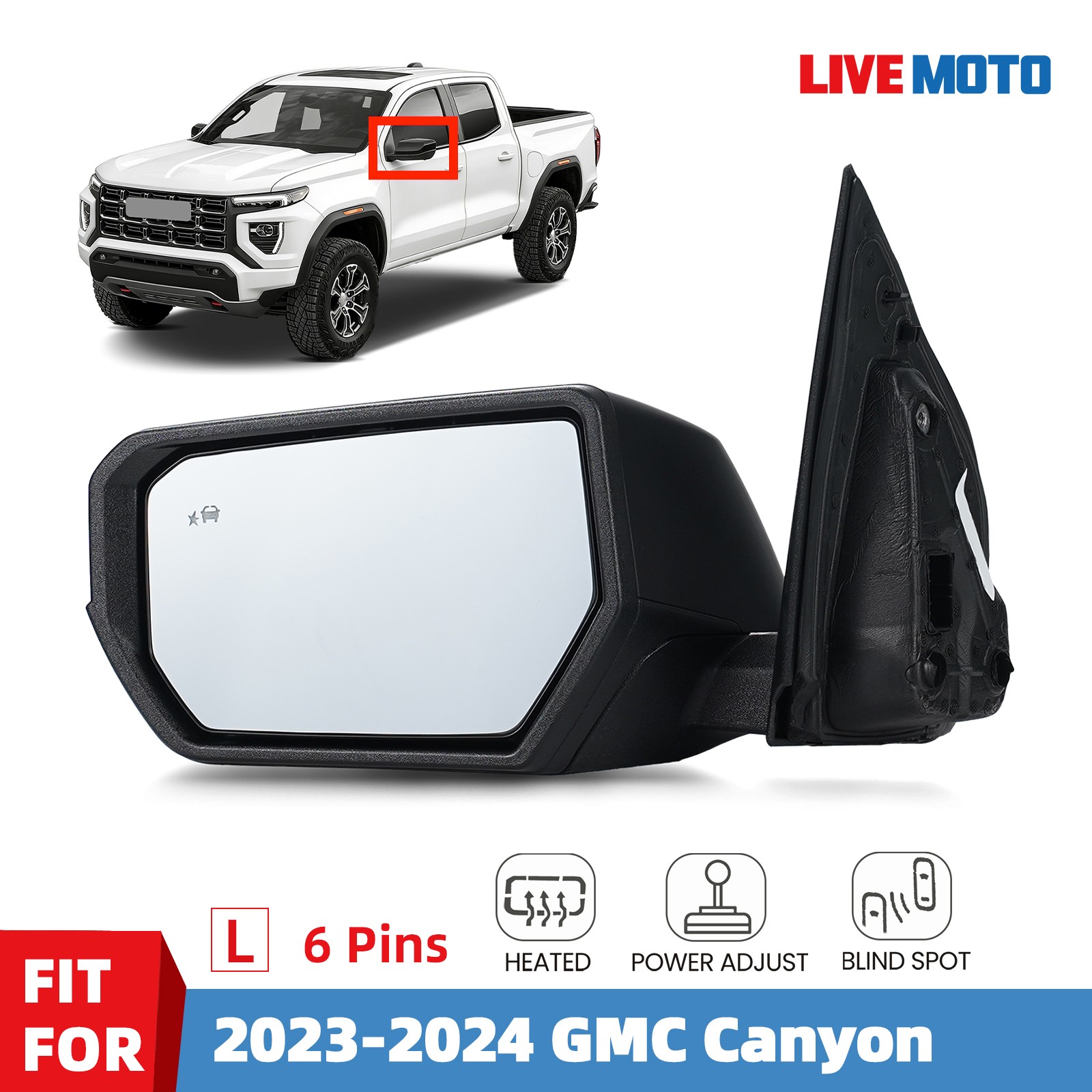 Left Side Power Mirror For 2023 2024 GMC Canyon W/ Heated &W/ Blind Spot 6 Pins