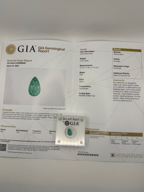 GIA Certified Colombian Emerald 2.48ct • Natural Transparent Green • Pear Cut