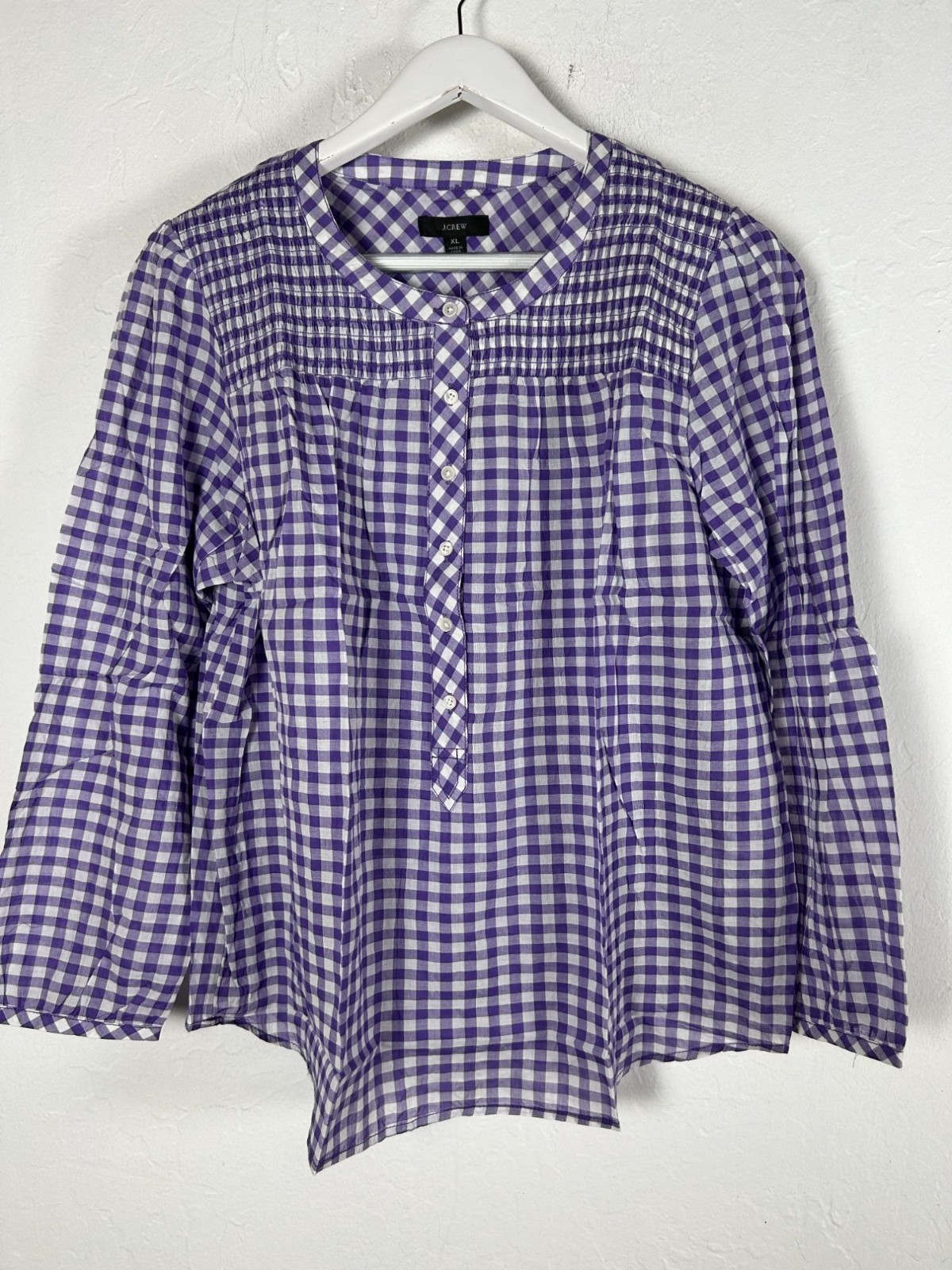 J.Crew Women Smocked Popover Top in Crinkle Gingham Purple White XL AS429 New