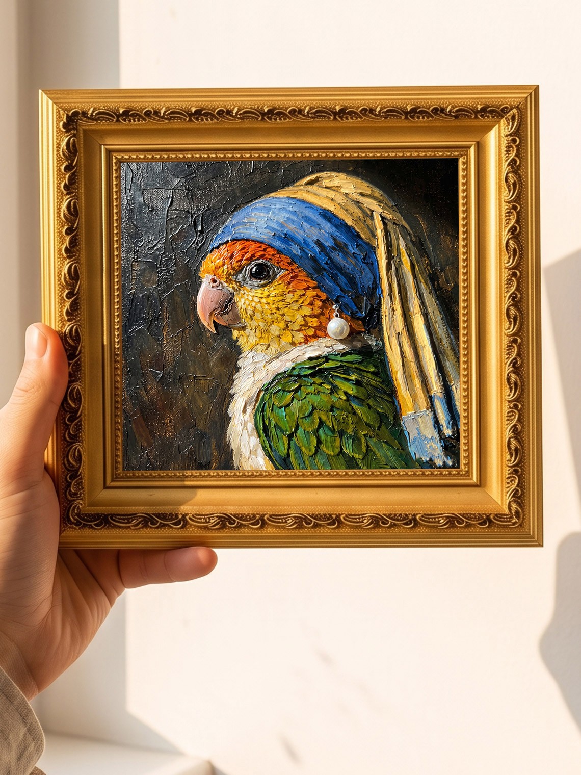 Parrot , Pearl Earring Pet Portrait Original Oil Painting Custom from your photo