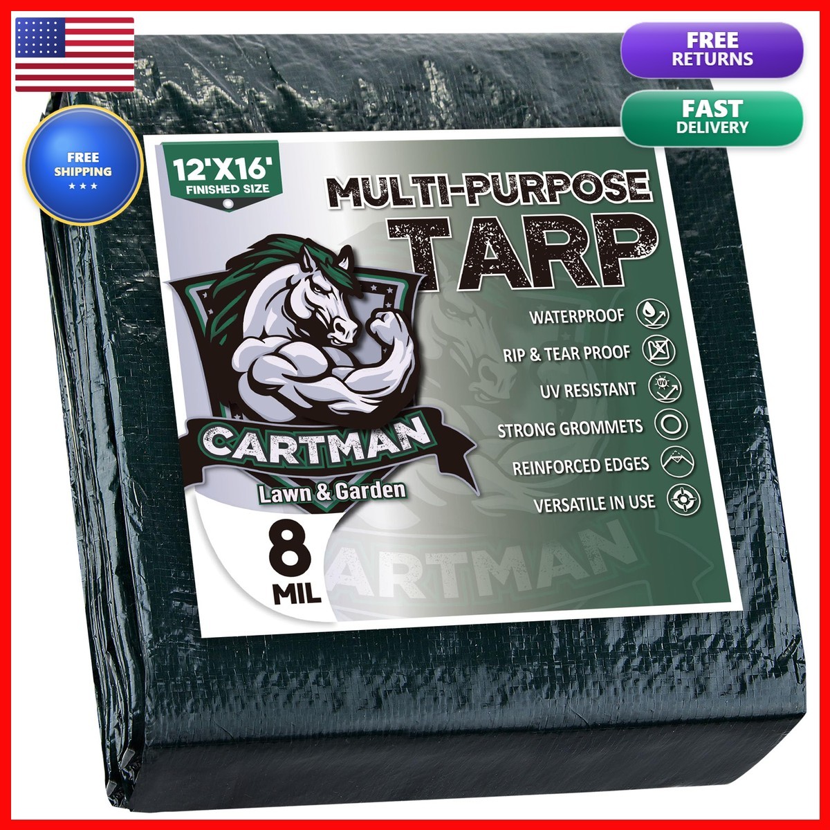 CARTMAN 12x16Ft Multipurpose Waterproof Poly Tarp Cover 8 Mil, Green 12\'×16\' CARTMAN 12x16Ft Multipurpose Waterproof Poly Tarp Cover 8 Mil, Green 12\'×16\'