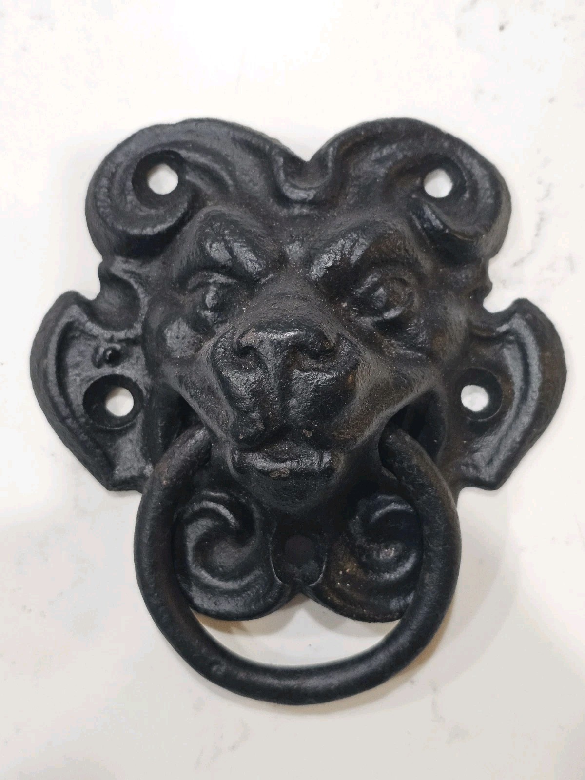 Vintage Cast Iron Lion Head Face Door Knocker Handle Knob Pull Drop Ring 5” Wide