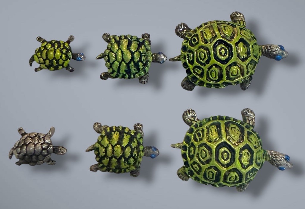 Vintage Pewter Image Turtle Family Miniatures Hand Painted Lot of 6