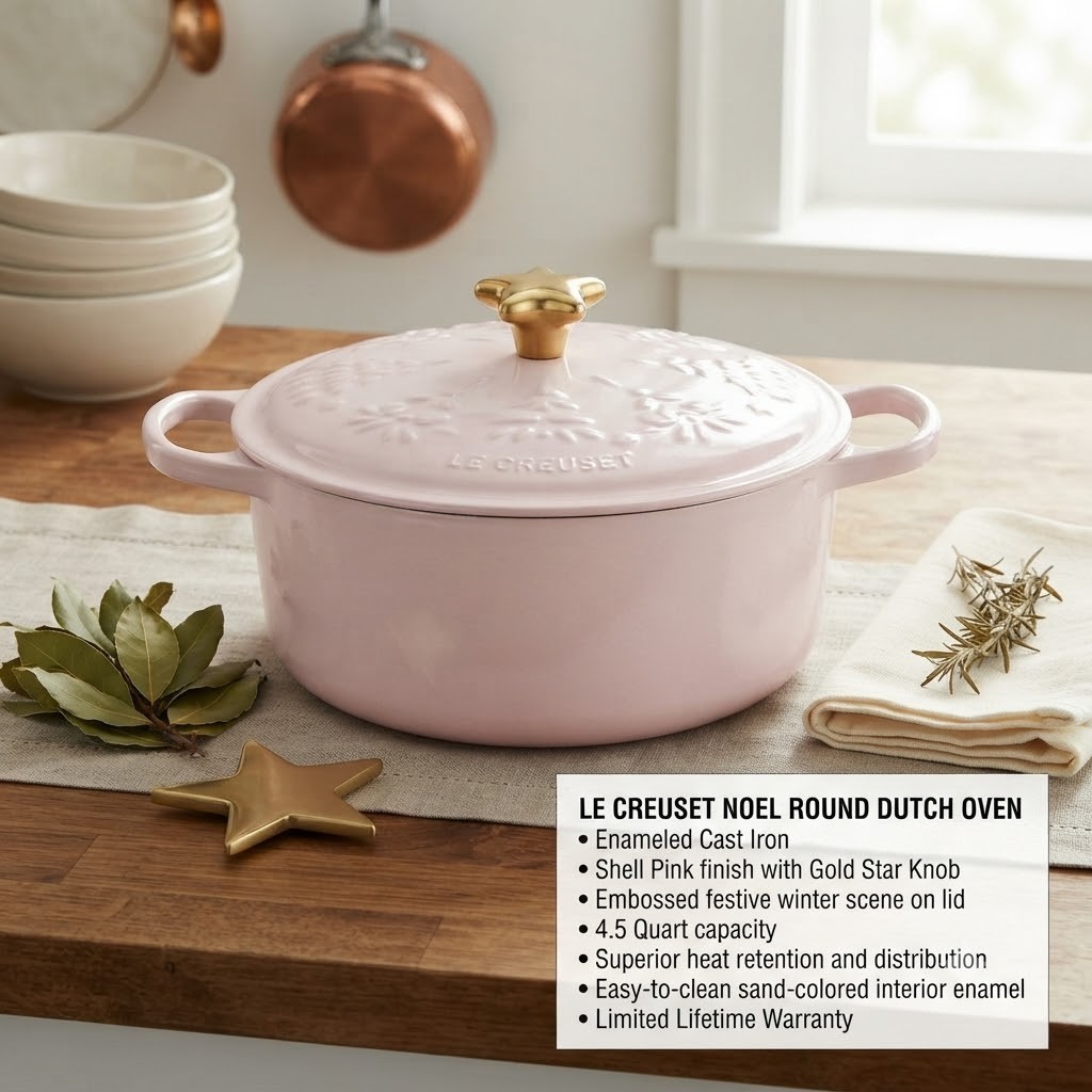 Le Creuset Holiday Tree Cast Iron Dutch Oven 4.5Qt -Shell Pink