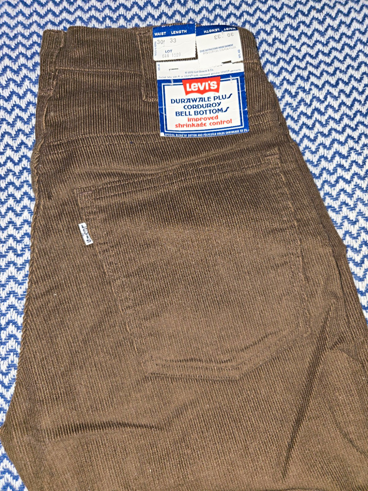 Vintage 70s Deadstock Levi\'s Durawale Plus Brown Corduroy Bell Bottom Pants 