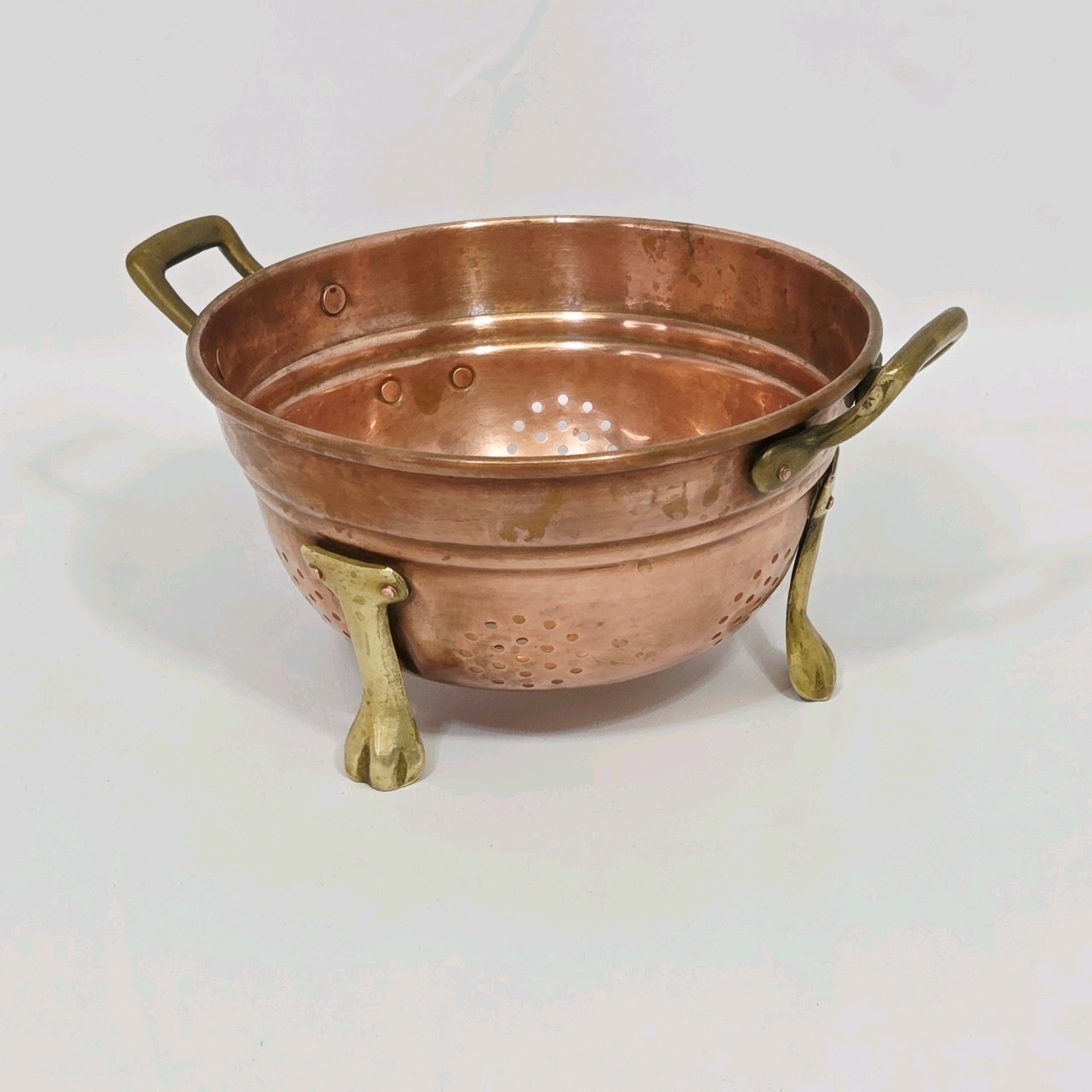 Vintage 3 Legged Small Copper Strainer/Colander Brass Clawed Feet,  Brass Handle