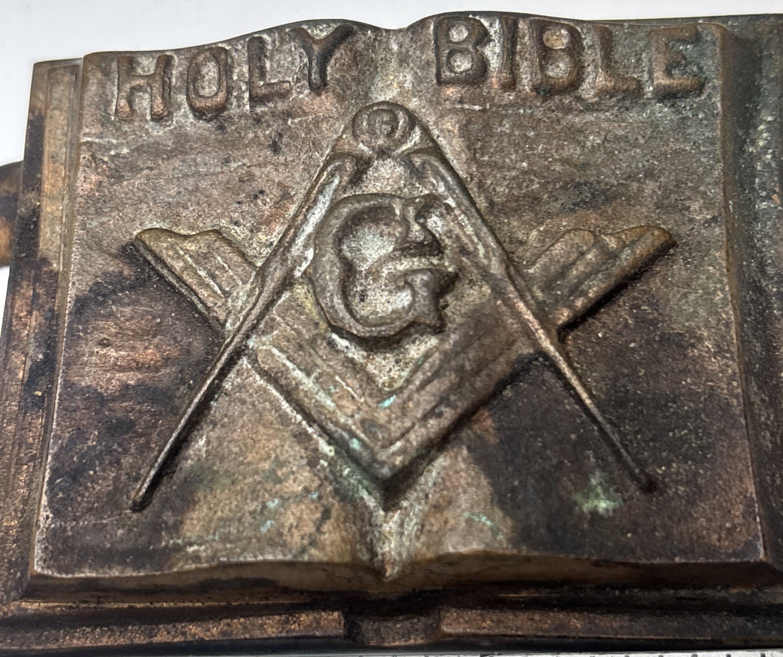 Antique Bronze Masonic Freemason Holy Bible Ruler & Compass Paperweight Mason Antique Bronze Masonic Freemason Holy Bible Ruler & Compass Paperweight Mason